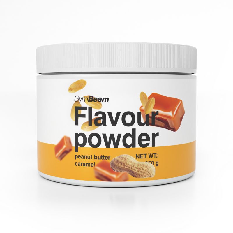 GymBeam Flavour Powder Erdnussbutter Karamell. Weißer Behälter mit orangefarbenem Etikett und Abbildungen von Erdnüssen und Karamellstücken.
