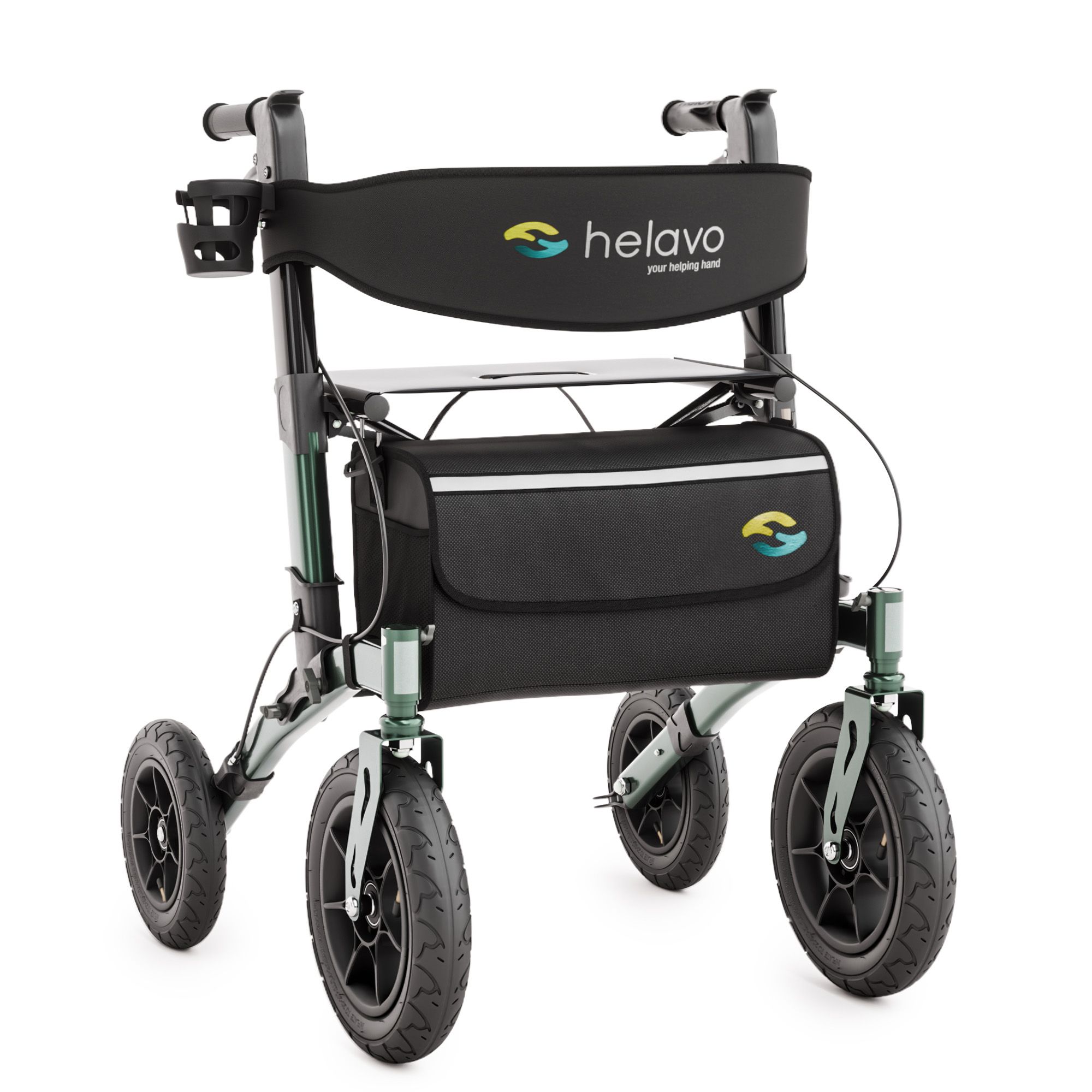 Faltbarer Rollator mit Sitz, Rückenlehne, Tasche und Becherhalter. Luftbereifung und schwarzer Rahmen.
