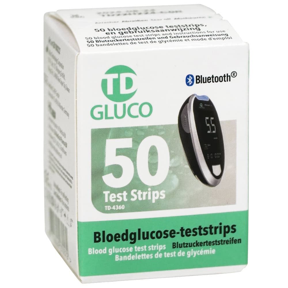 Verpackung von 50 TD Gluco Blutzuckerteststreifen mit Bluetooth-Symbol und Blutzuckermessgerät-Abbildung.
