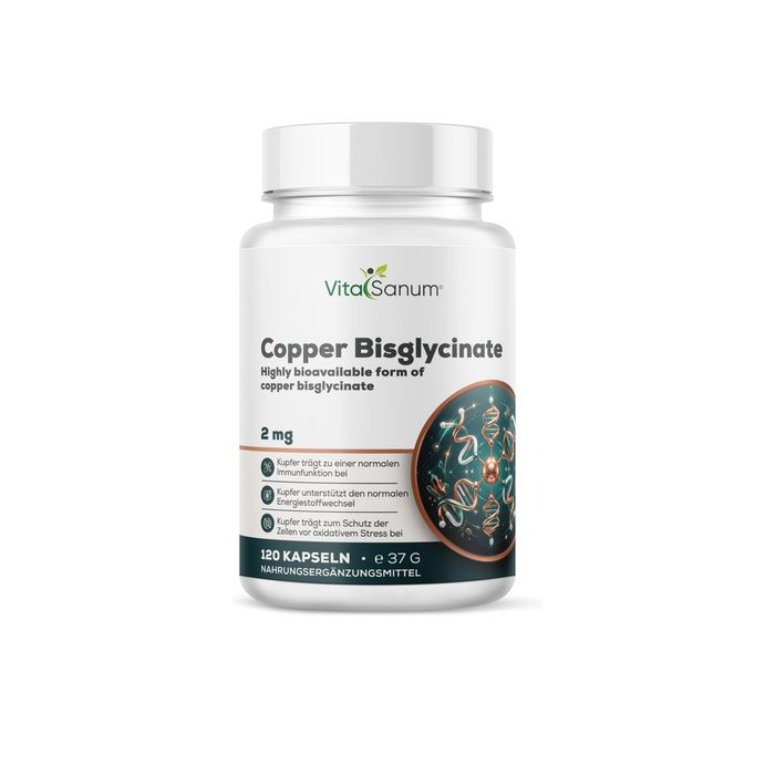 VitaSanum® Kupfer Bisglycinat Kapseln, 120 Stück. Hoch bioverfügbare Form von Kupferbisglycinat.