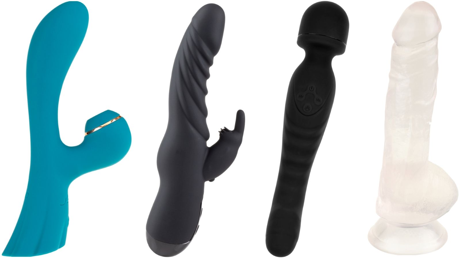 Vier Sexspielzeuge in verschiedenen Formen und Farben nebeneinander angeordnet.