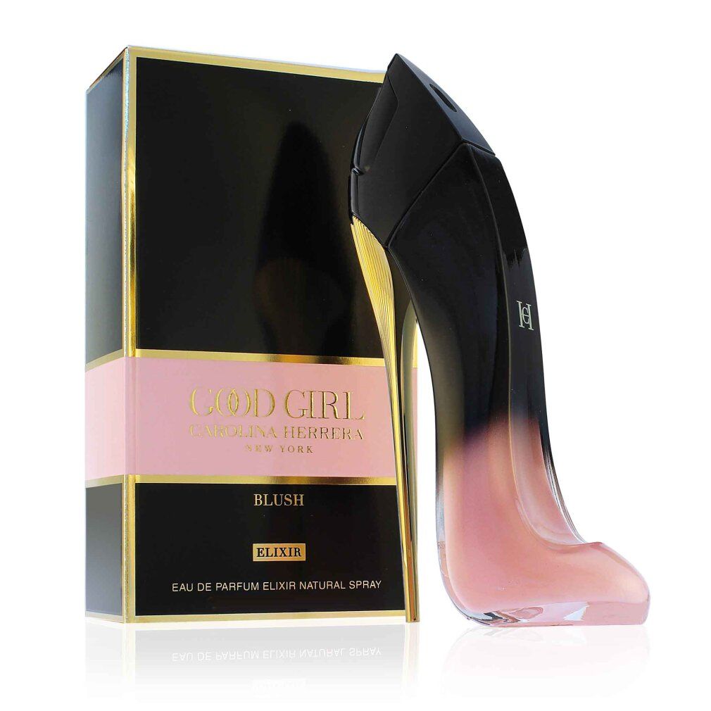 Parfümflakon in High-Heel-Form, schwarz-rosa Farbverlauf, neben schwarzer Schachtel mit Goldakzenten. Aufschrift: Good Girl Blush.