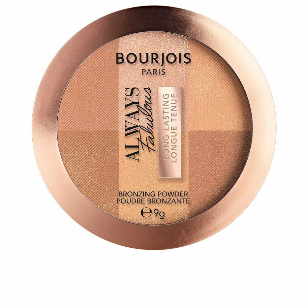 Runder Bronzer-Puder von Bourjois. Vier Farbnuancen, roségoldfarbene Verpackung. Schriftzug: Always Fabulous, Long Lasting.