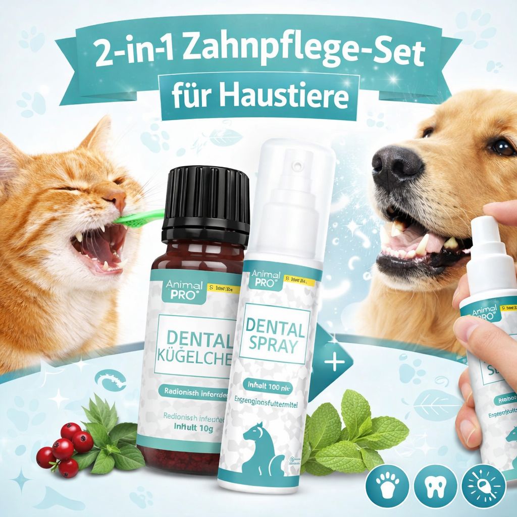 Zwei Flaschen mit Produktnamen. Eine Katze und ein Hund werden mit dem Produkt behandelt. Text: 2-in-1 Zahnpflege-Set.