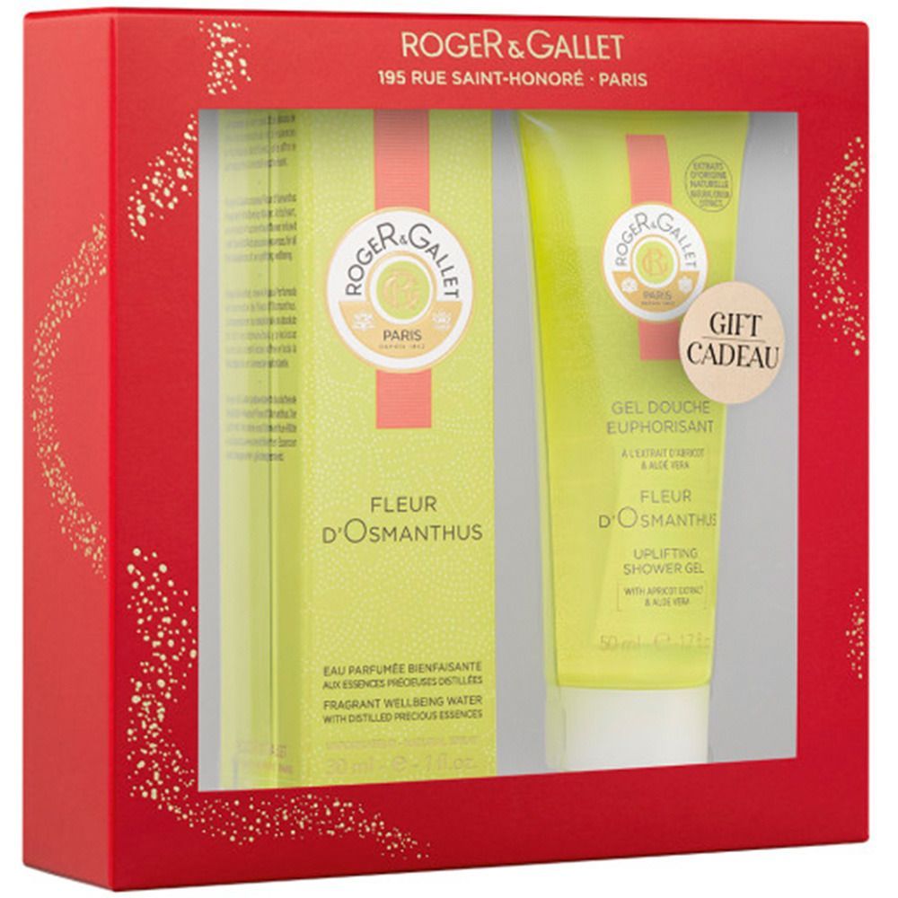 Geschenkset mit roter Verpackung. Enthält eine Flasche und eine Tube mit Produktnamen und Logo. Mit Sichtfenster.