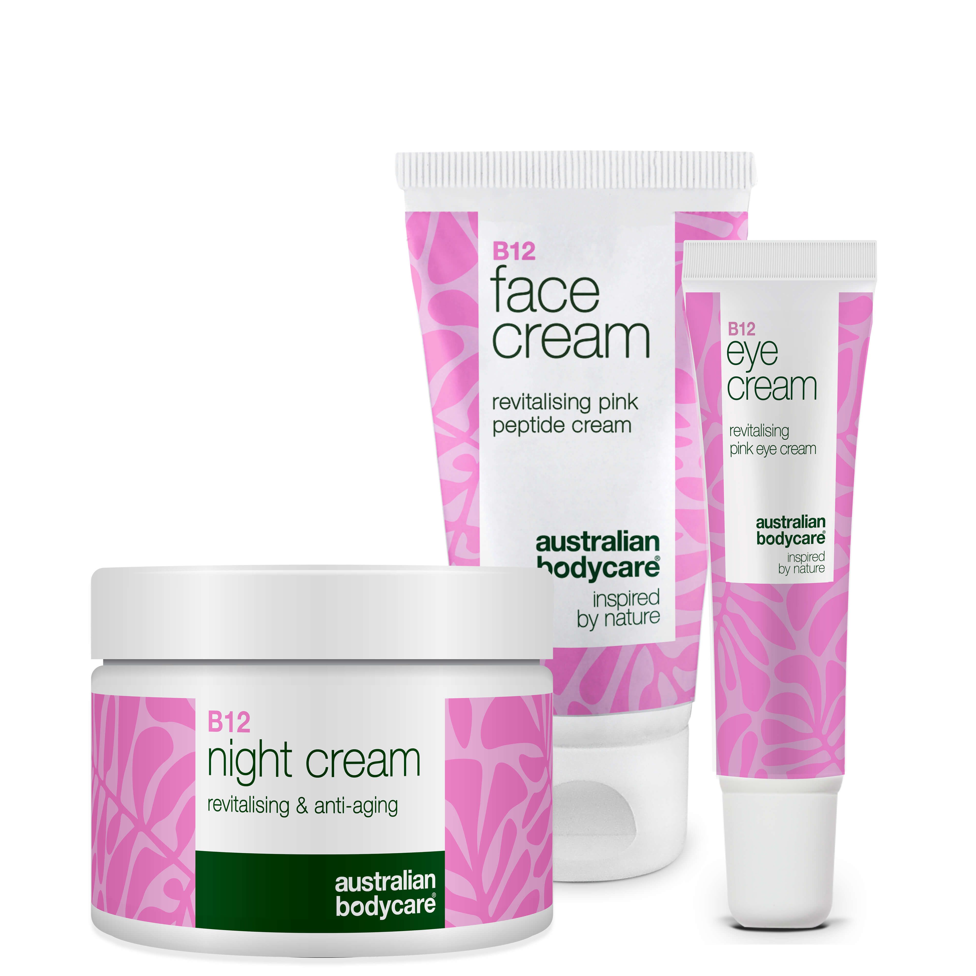 Drei Kosmetikprodukte: Face Cream, Eye Cream und Night Cream. Alle in Weiß und Pink, mit Text.