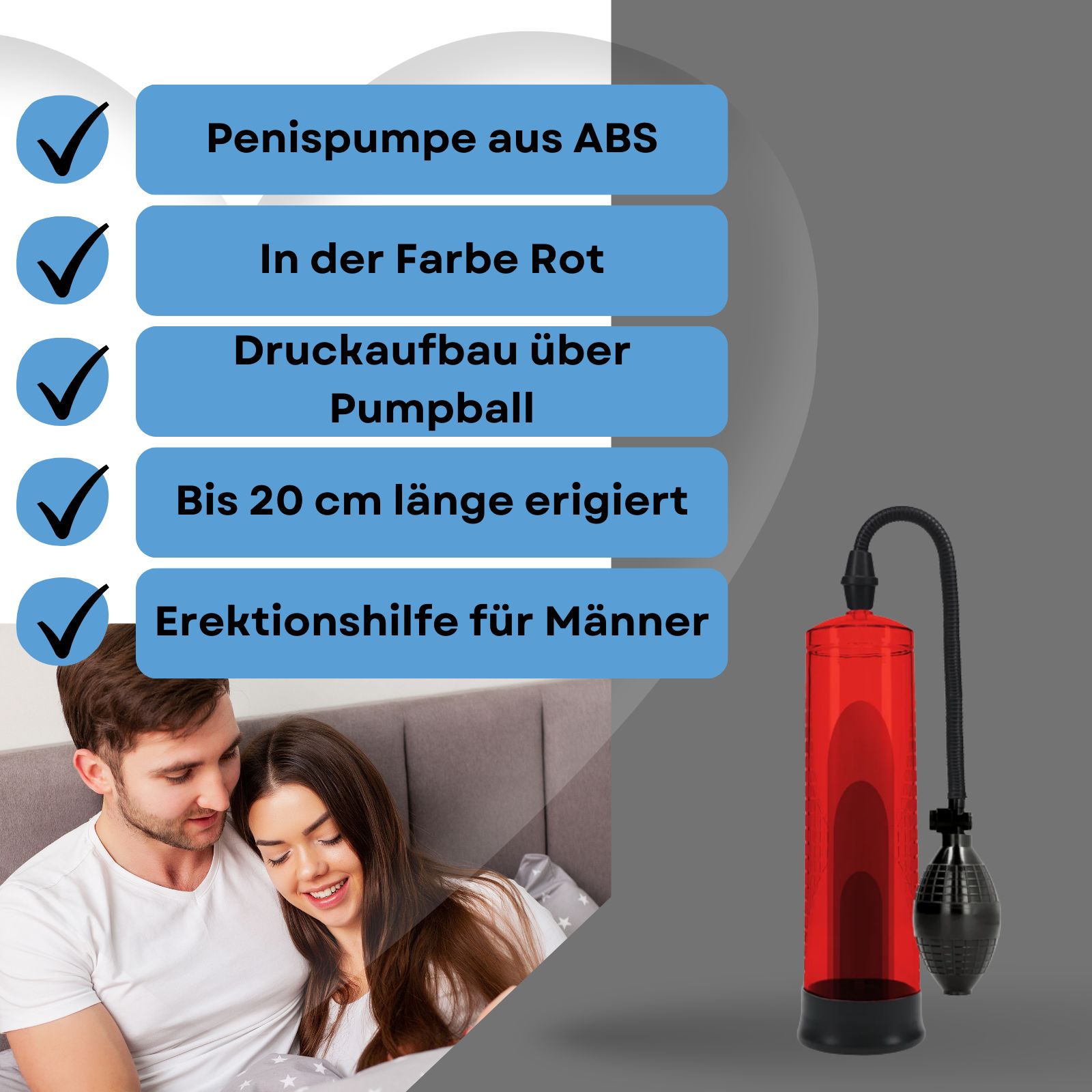Roter Zylinder, schwarzer Schlauch und Pumpball. Paar im Bett.