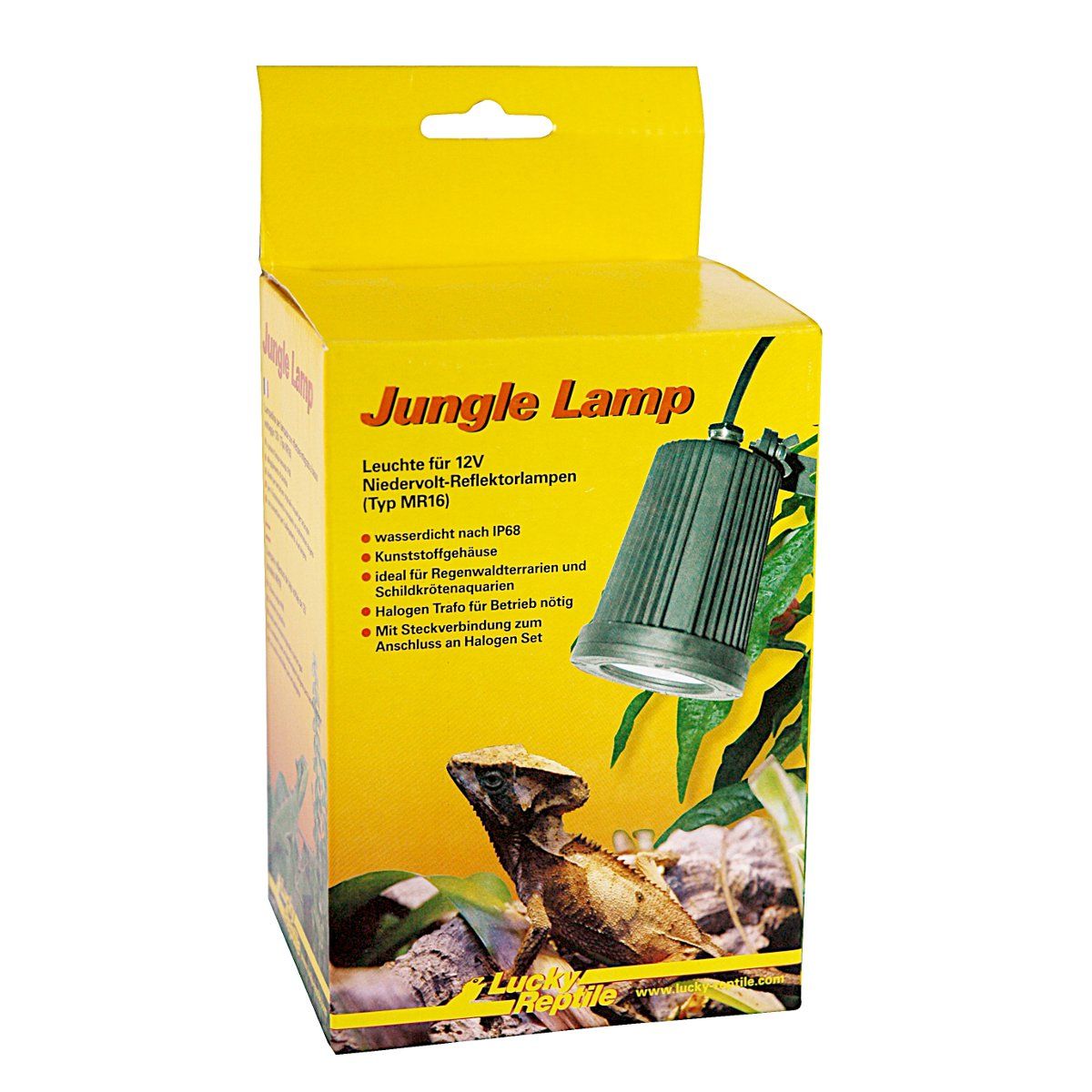 Gelbe Verpackung mit Produktabbildung und Text. Aufschrift: Jungle Lamp. Enthält eine grüne Lampe.