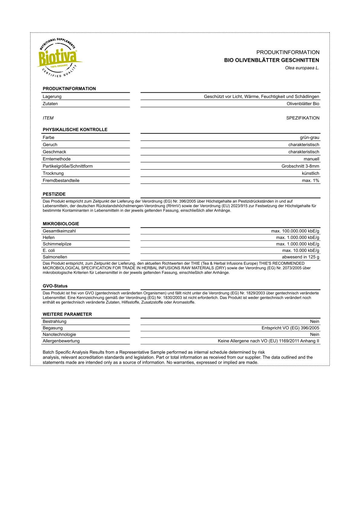 Produktinformationen-Tabelle. Informationen zu Lagerung, Pestiziden, Mikrobiologie, GVO-Status und weitere Parameter.