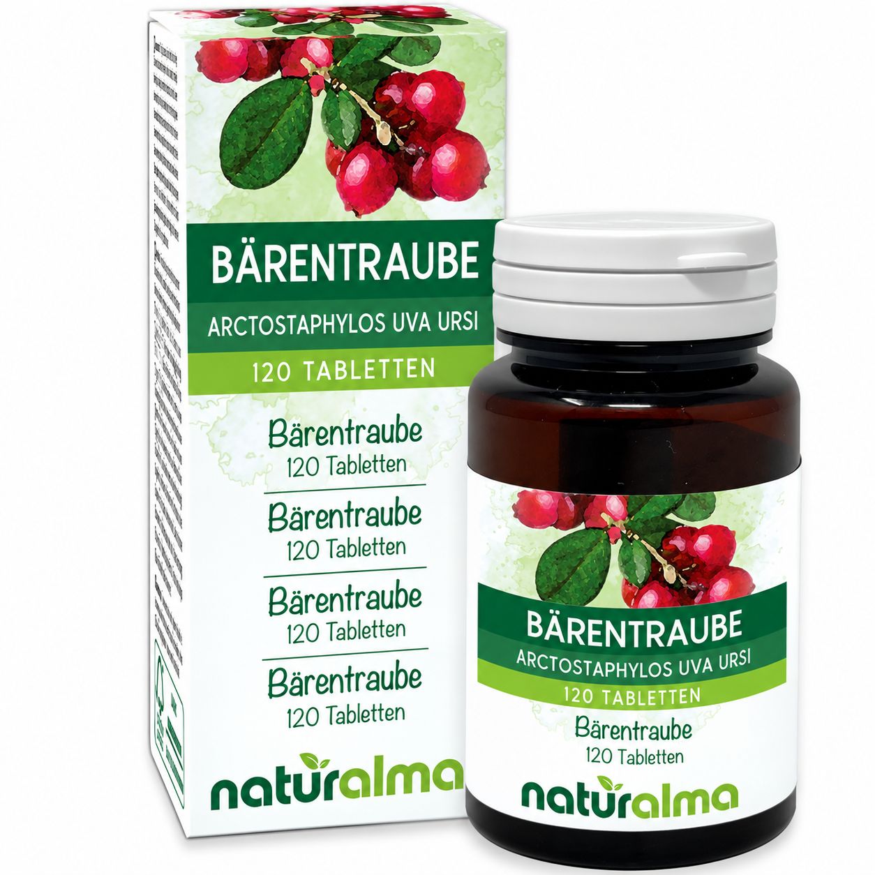 Bärentraube Tabletten Flasche und Karton mit Abbildung der Beeren.