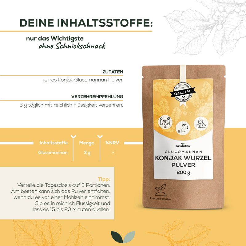 Braune Papiertüte mit Sanutrition Glucomannan Konjak Wurzel Pulver. Text: 200g, Verzehrempfehlung, Zutaten. Tabelle mit Inhaltsstoffen und Nährwerten.