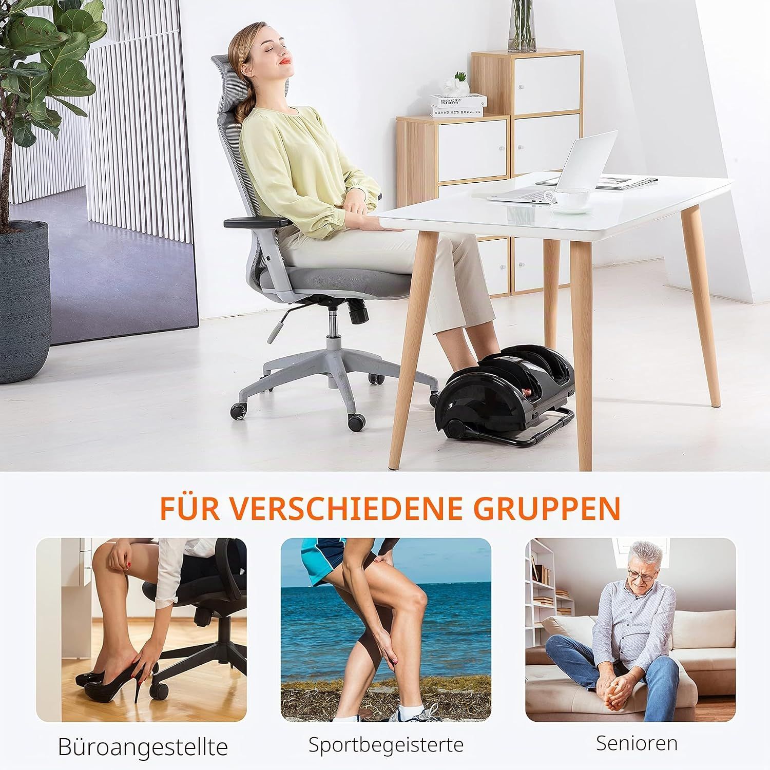 Personen nutzen ein Fußmassagegerät im Büro, beim Sport und im Alter.