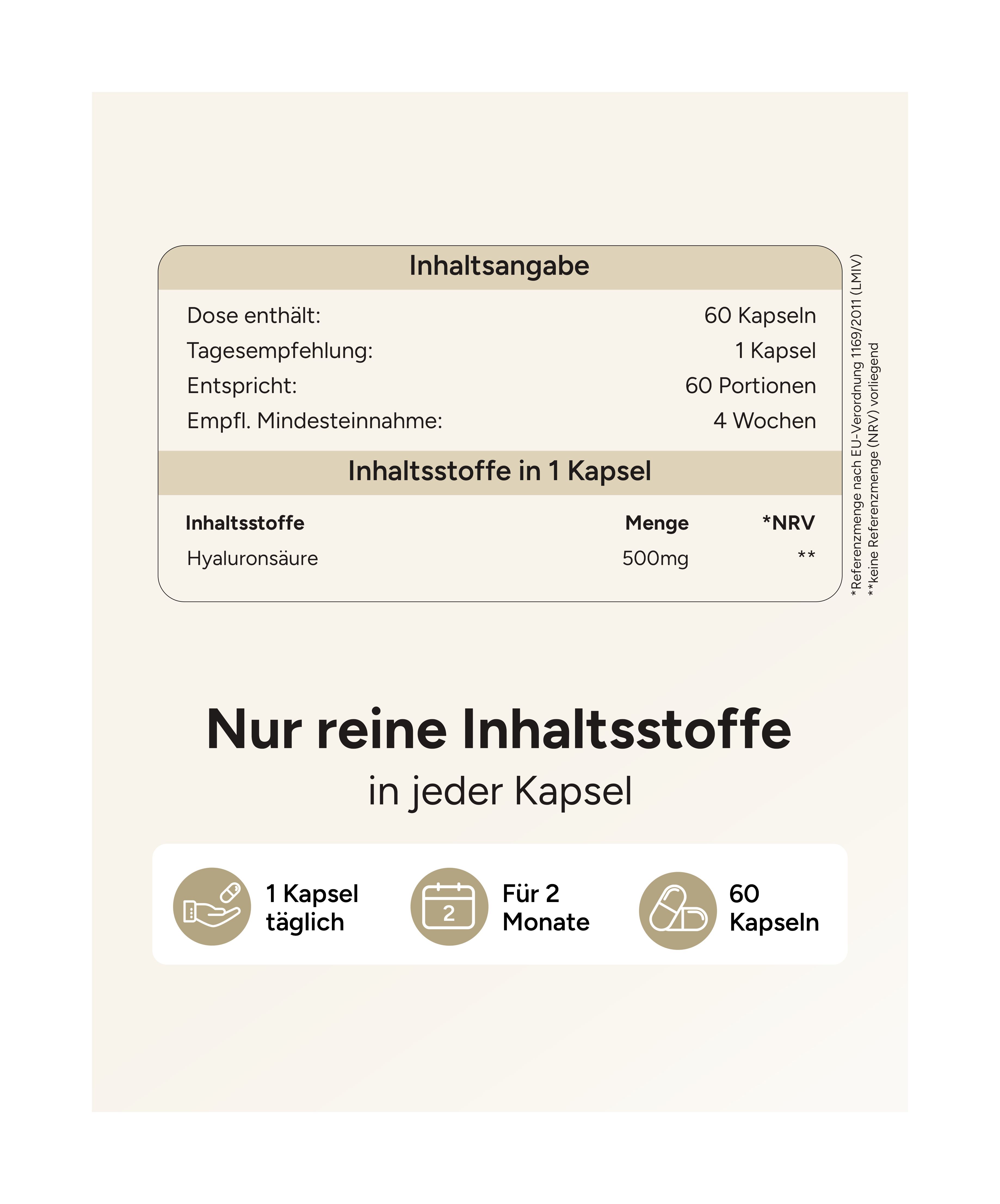 Tabellarische Inhaltsangabe: 60 Kapseln, 1 Kapsel täglich, 500mg Hyaluronsäure. Text: Nur reine Inhaltsstoffe.