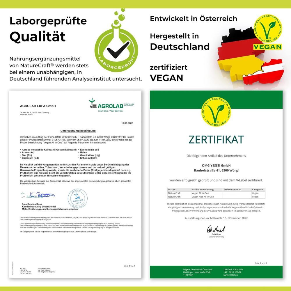 Laborgeprüfte Qualität, entwickelt in Österreich, hergestellt in Deutschland, zertifiziert vegan. Zertifikat von V-Label.