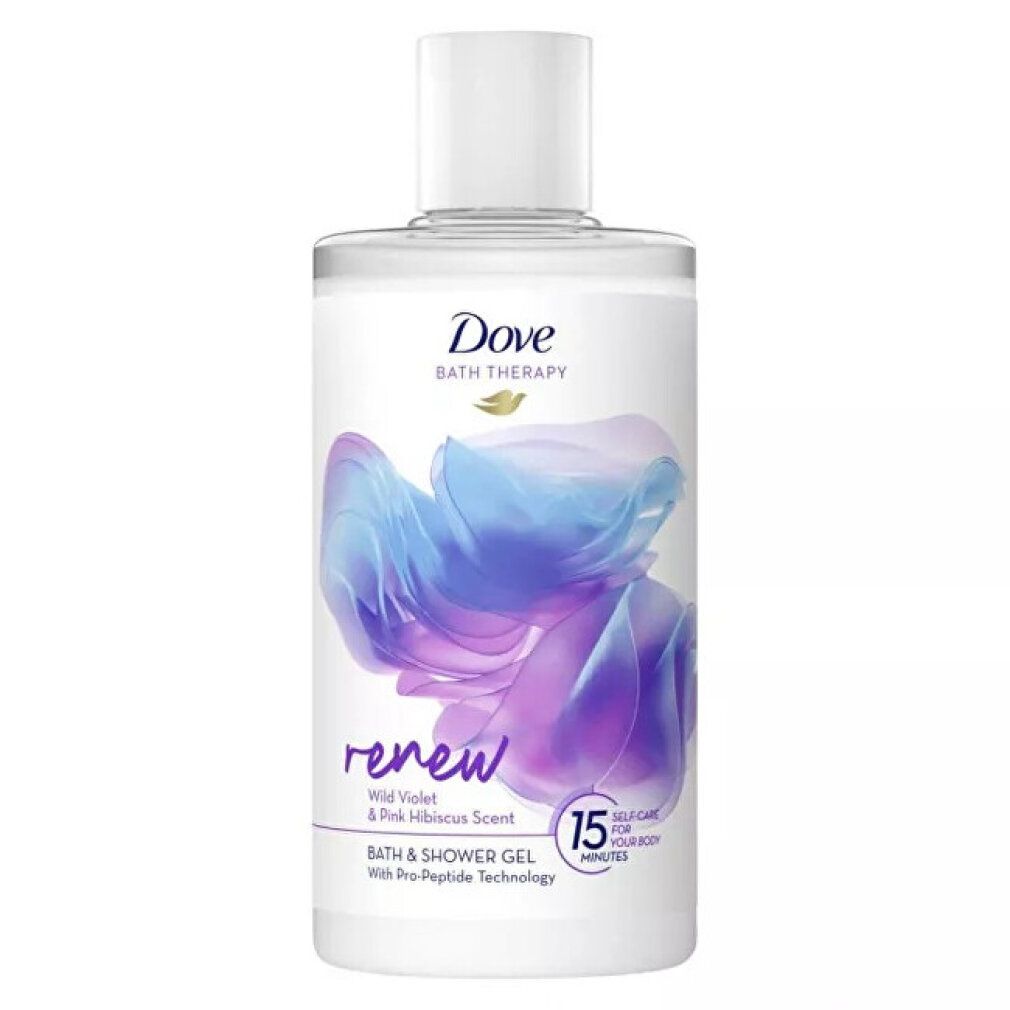 Klarer Behälter mit weißem Deckel. Aufschrift Dove Bath Therapy Renew, Wild Violet & Pink Hibiscus Scent. 15 Minuten.