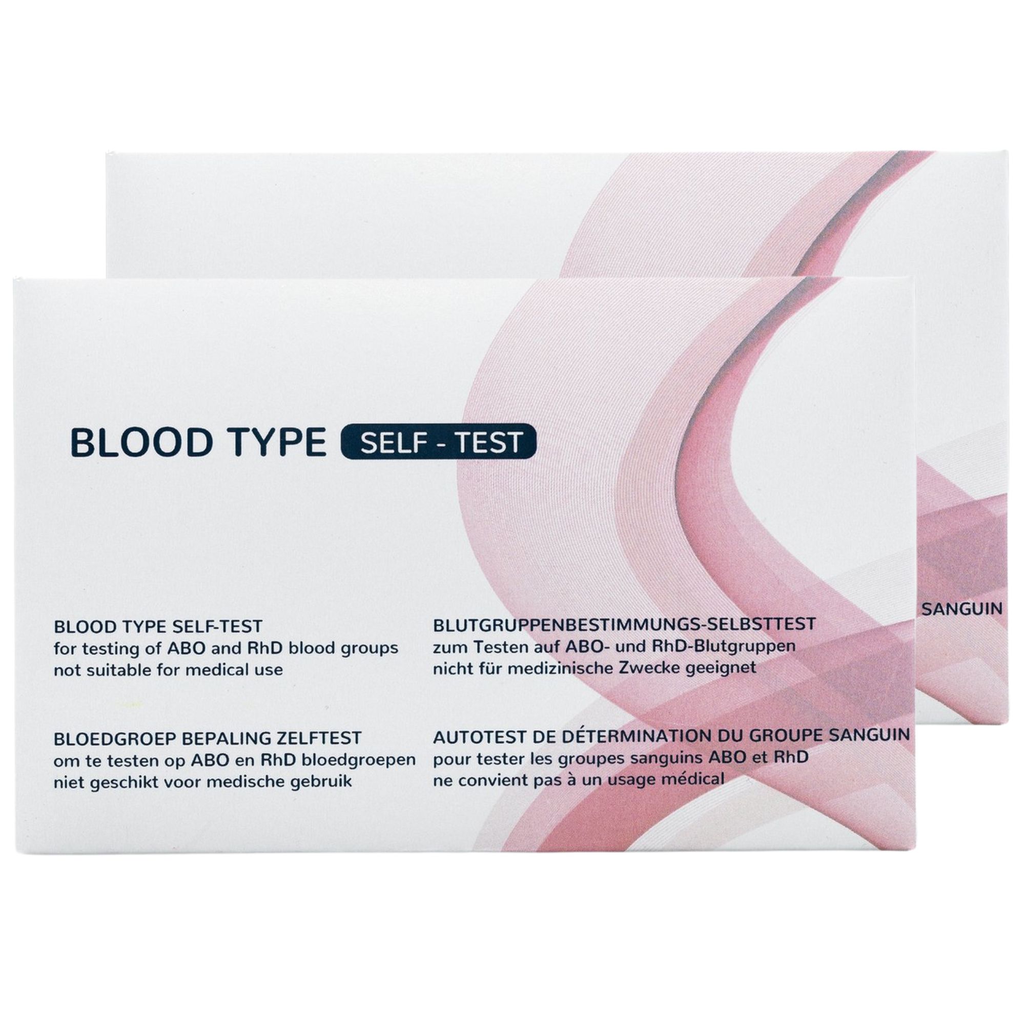 Zwei Packungen Blutgruppen-Schnelltest. Aufschrift: BLOOD TYPE SELF-TEST. Text in Deutsch, Englisch, Niederländisch und Französisch.