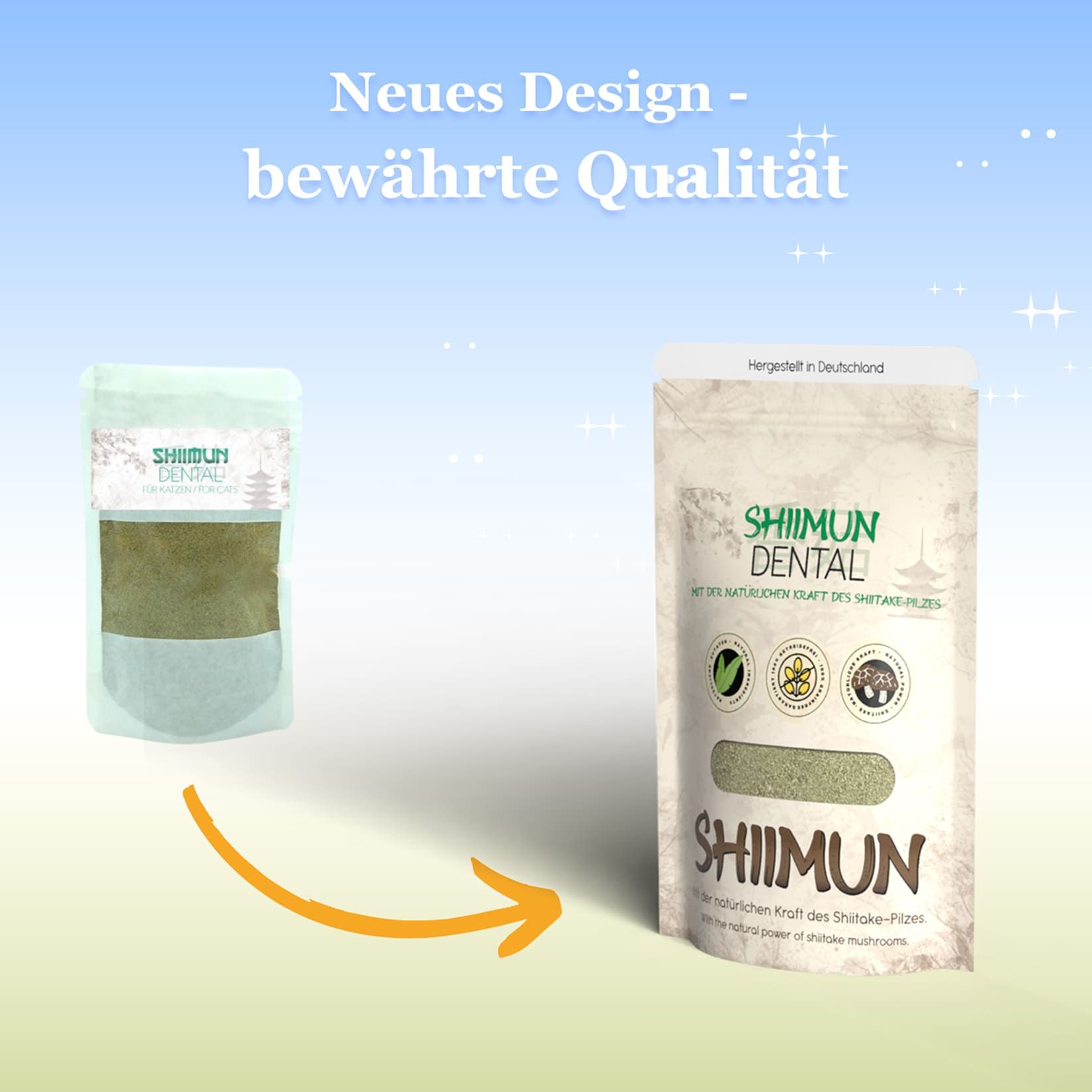 Vergleich von altem und neuem Design von Shiimun Dental Pulver. Beige Verpackung mit grünem Pulver. Logo und Produktbezeichnung.