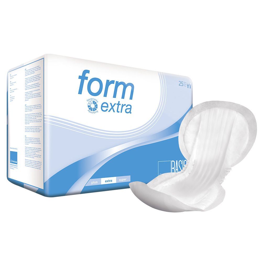 Verpackung 'form extra' mit einer einzelnen Vorlage. Blaue und weiße Verpackung, 'PARAM BASIS' Logo. Vorlage sichtbar.