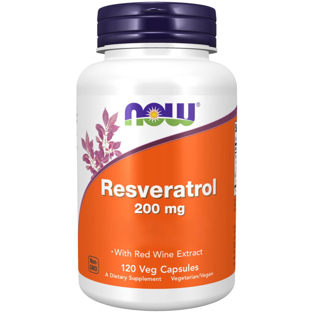 Weiße Flasche mit lila Deckel. Aufschrift: Now Foods, Natural Resveratrol, 200mg. 120 Vegane Kapseln.