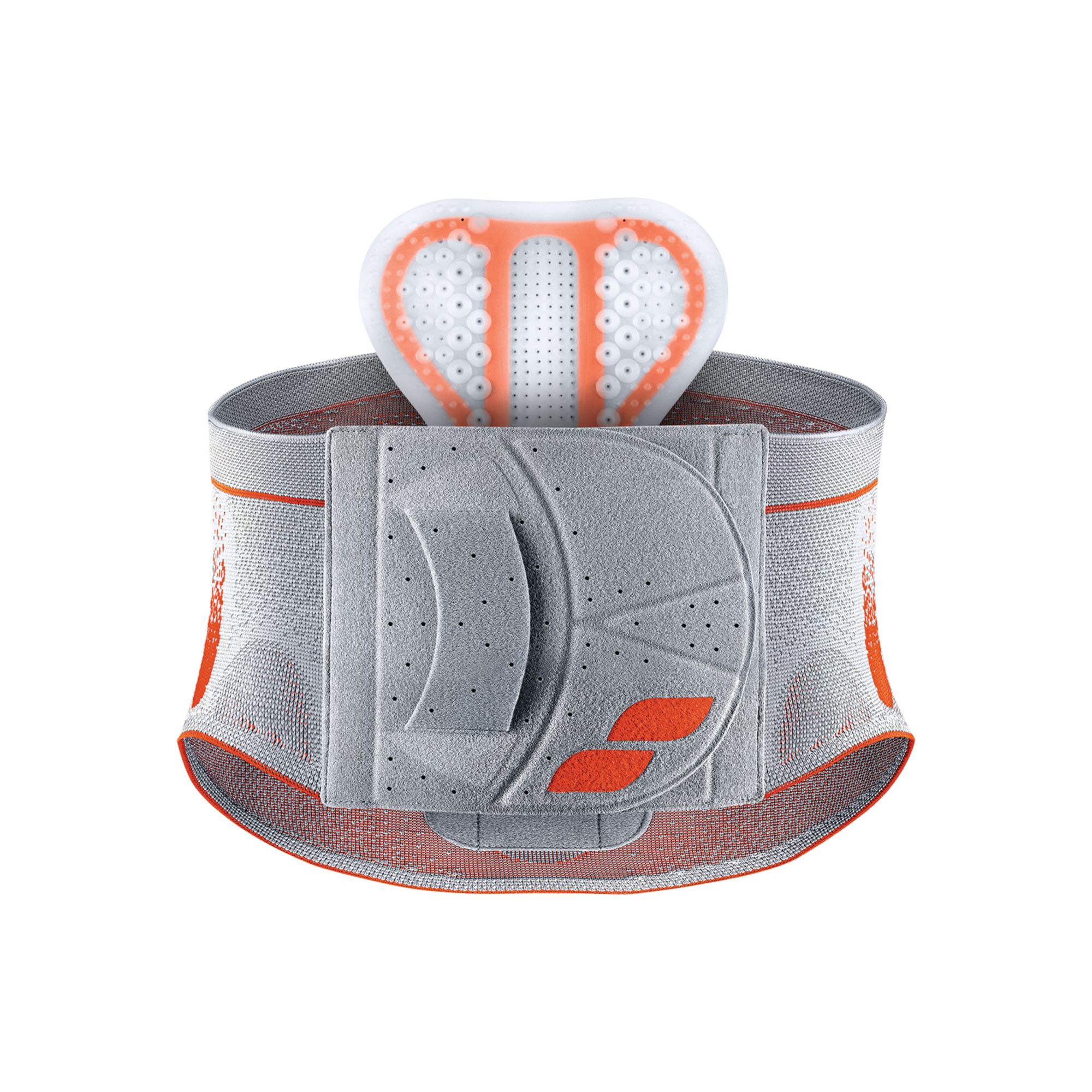 Rückenbandage, grau-orange. Oberhalb graues Element mit Noppen. Mittig graues Element mit Aussparungen und Logo. Auf weißem Hintergrund.