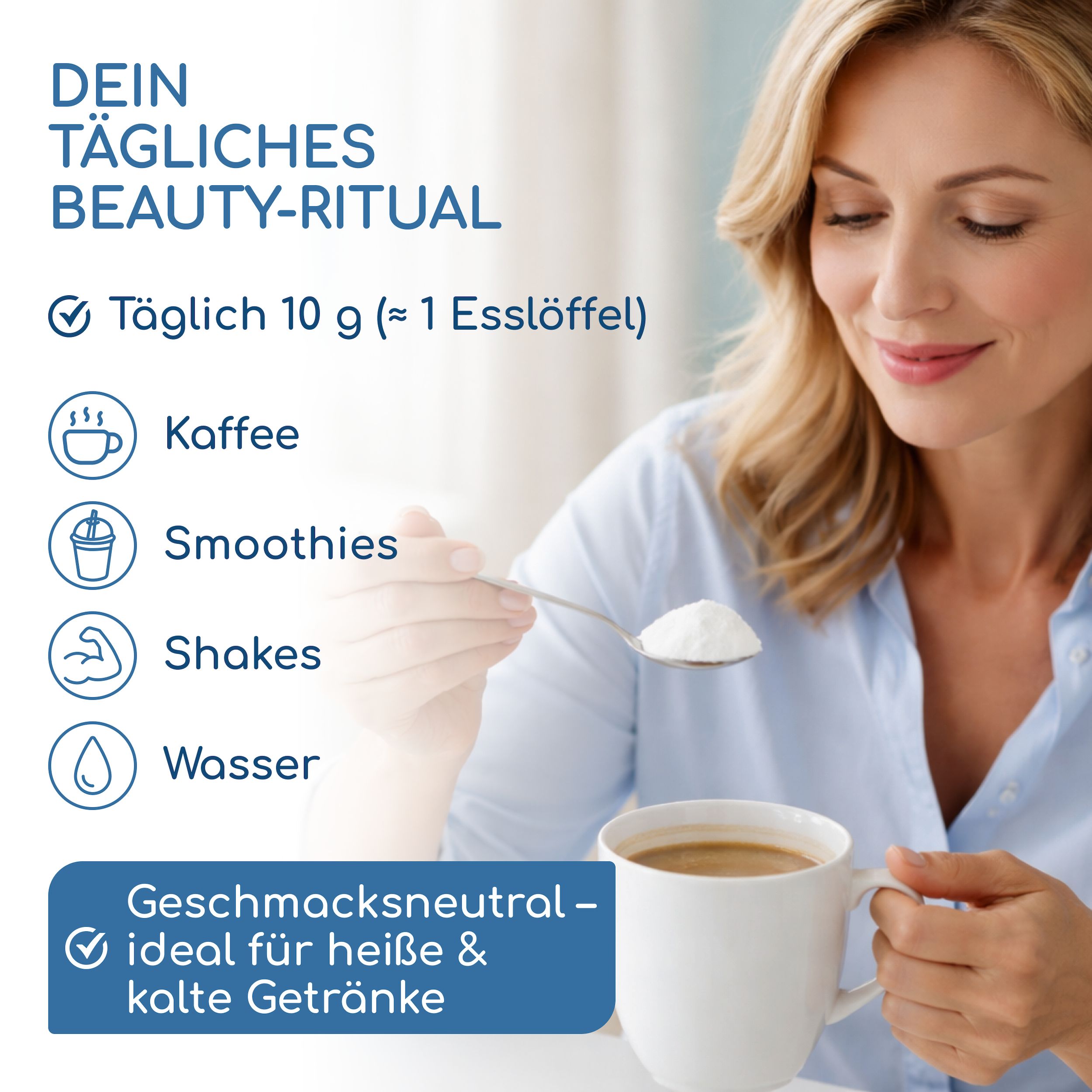Frau gibt Kollagenpulver in Kaffee. Für Kaffee, Smoothies, Shakes, Wasser.