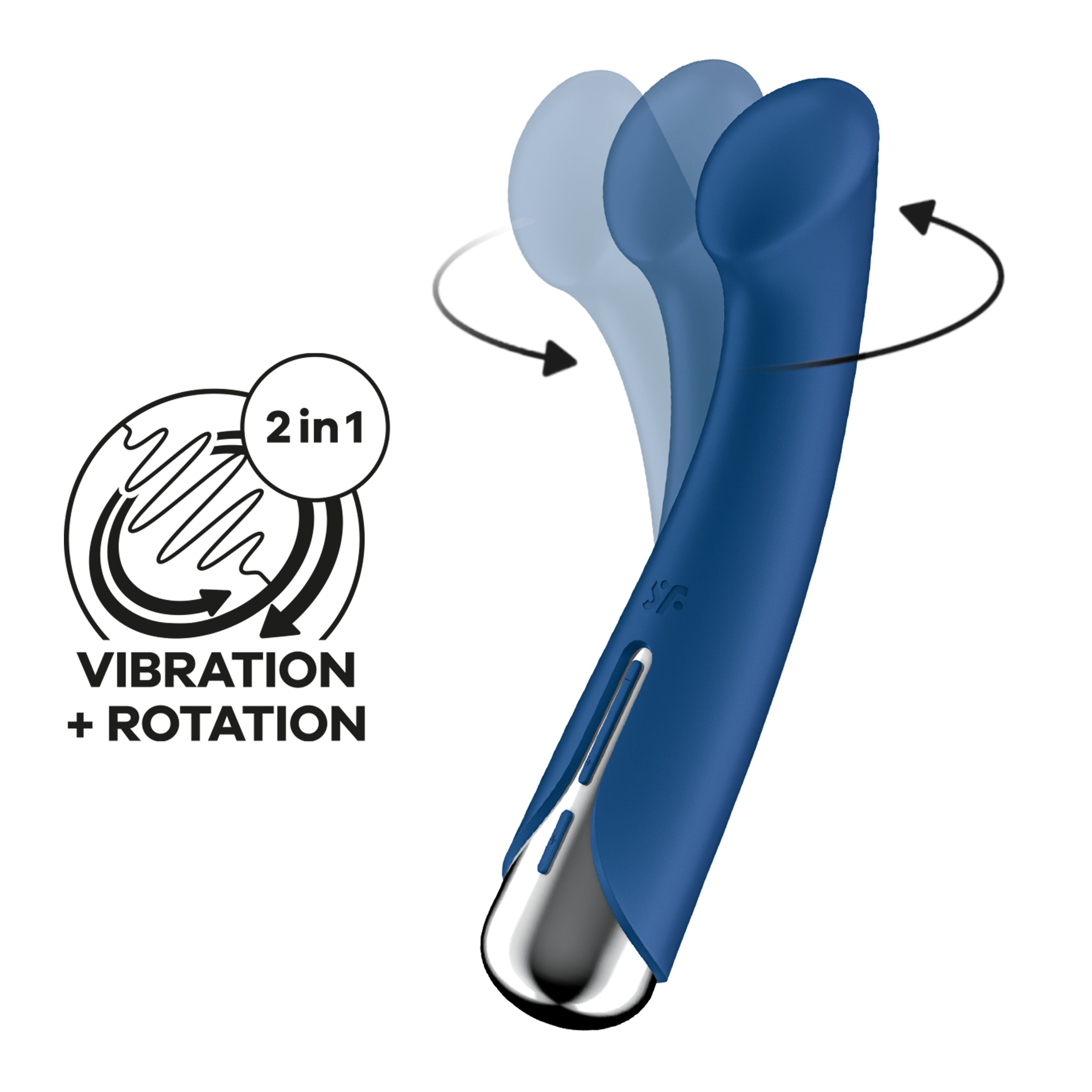 Blauer Vibrator mit silberfarbenem Ende. Animation zeigt Vibration und Rotation. SF-Logo.