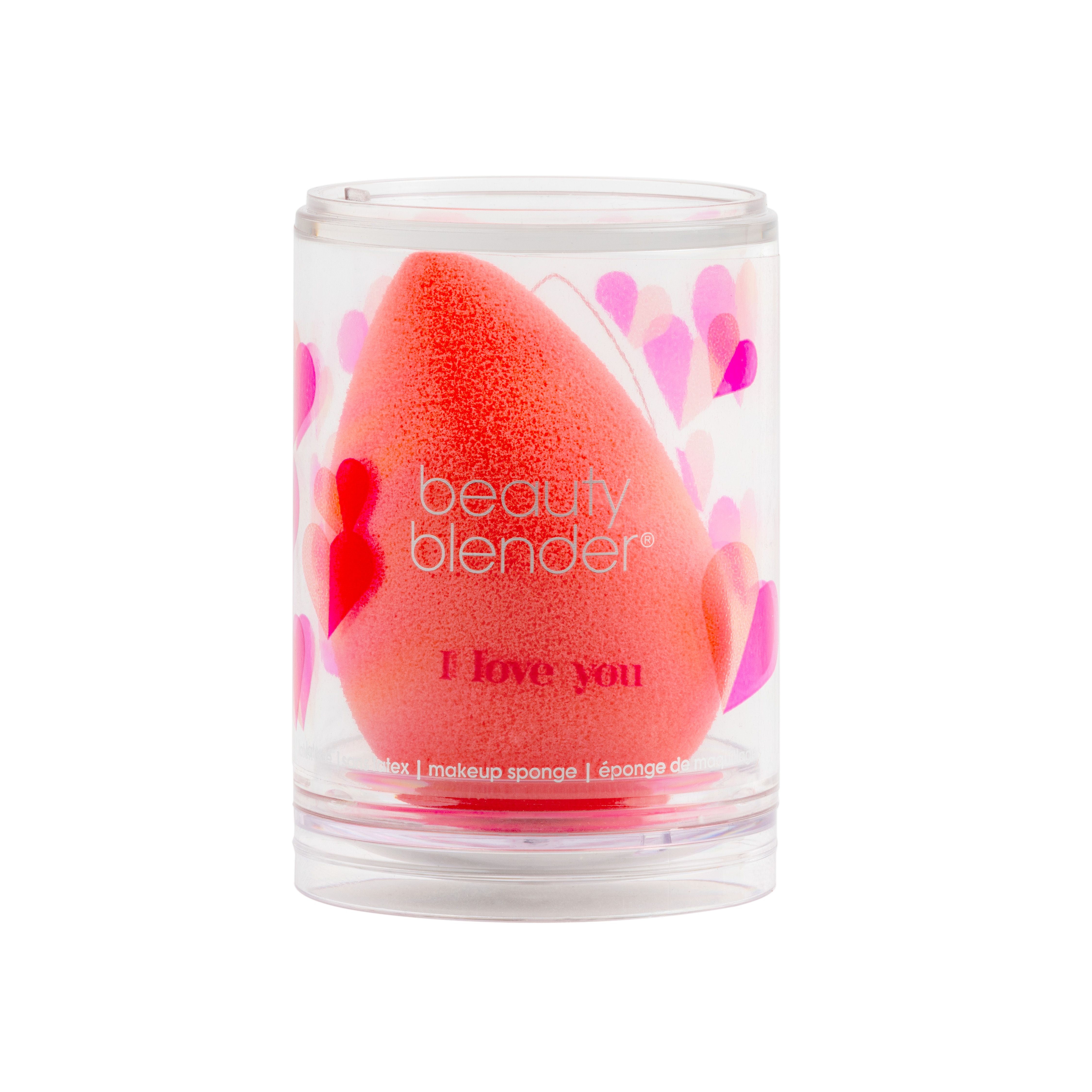 Roter Beautyblender in transparenter Verpackung. Auf dem Schwamm steht "Beautyblender I love you".