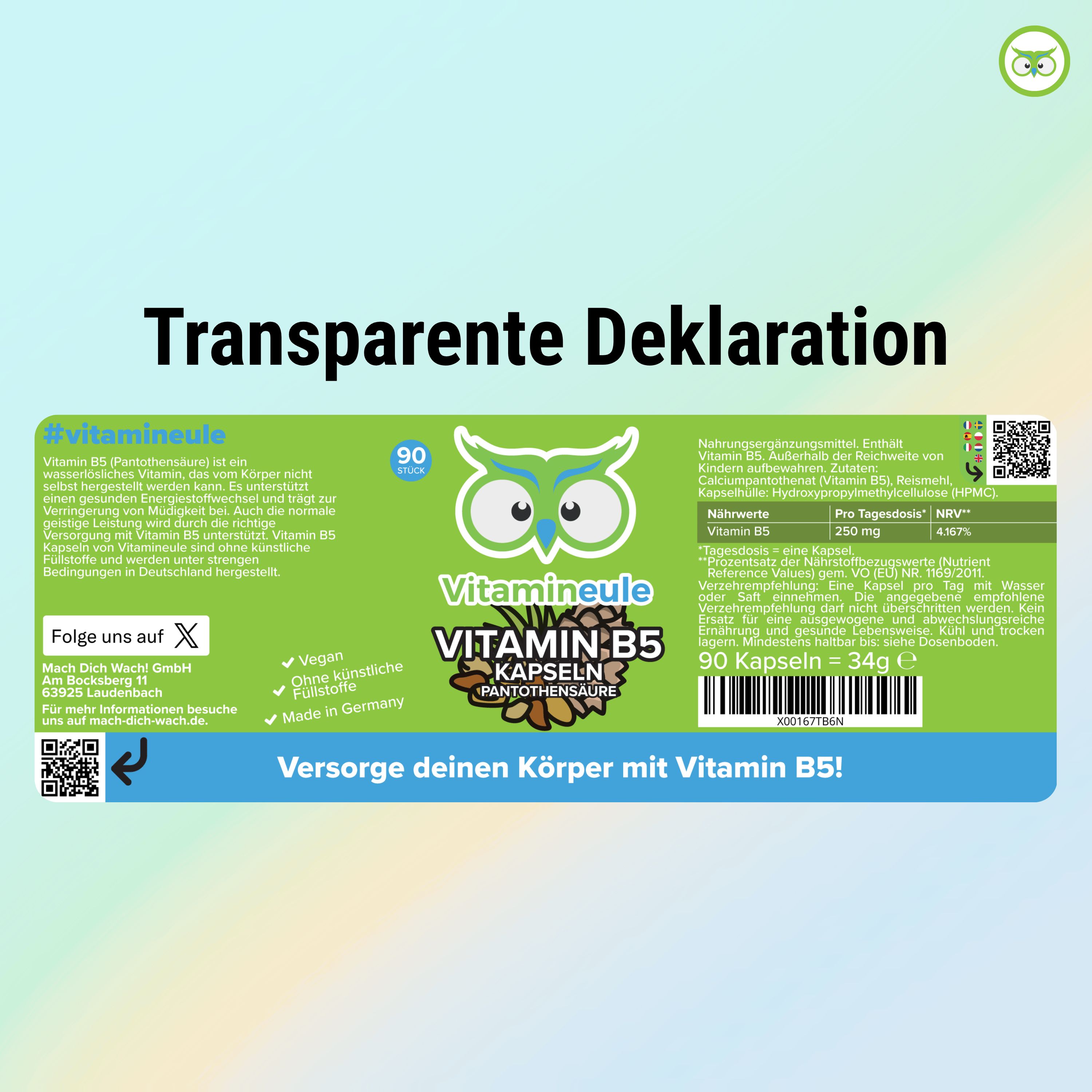 Etikett mit Informationen zu Vitamin B5 Kapseln. Enthält Nährwertangaben, Inhaltsstoffe, Herstelleradresse und QR-Code.