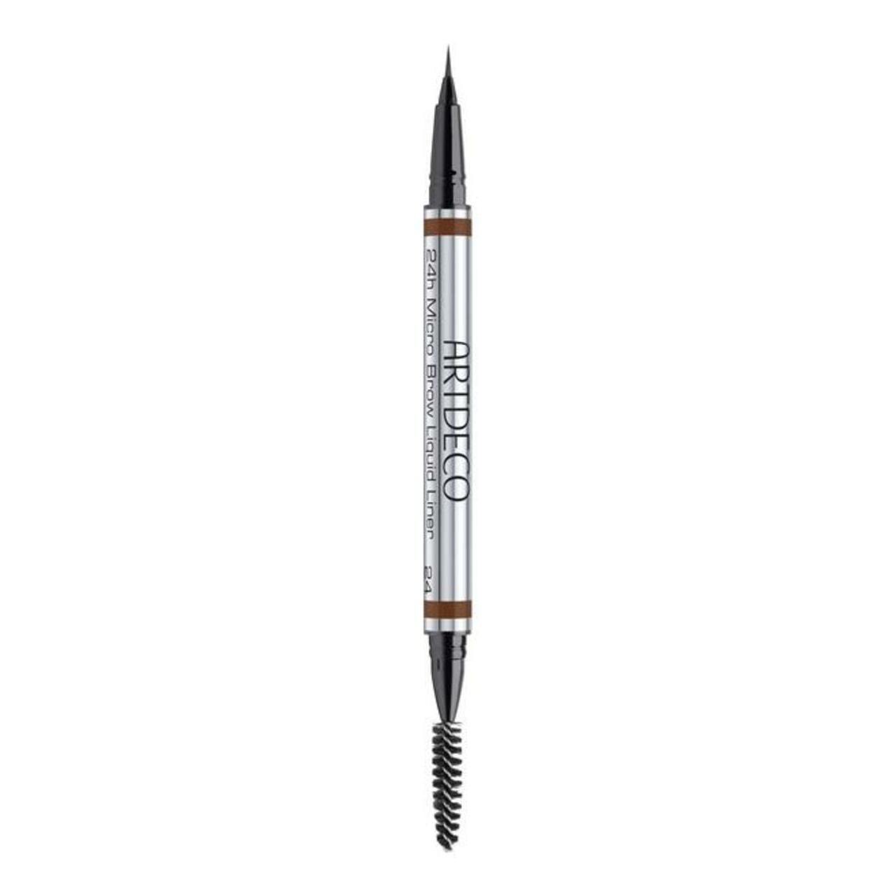 Doppelstift mit Bürste. Silberfarbener Stift mit brauner Mine, Eyeliner und Bürste. Aufschrift: Artdeco, 24h Micro Brow & Liquid Liner.