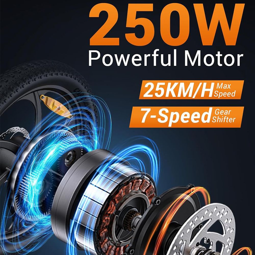 Elektromotor mit Aufschrift 250W, 25KM/H Höchstgeschwindigkeit und 7-Gang-Schaltung. Schwarzer Hintergrund.