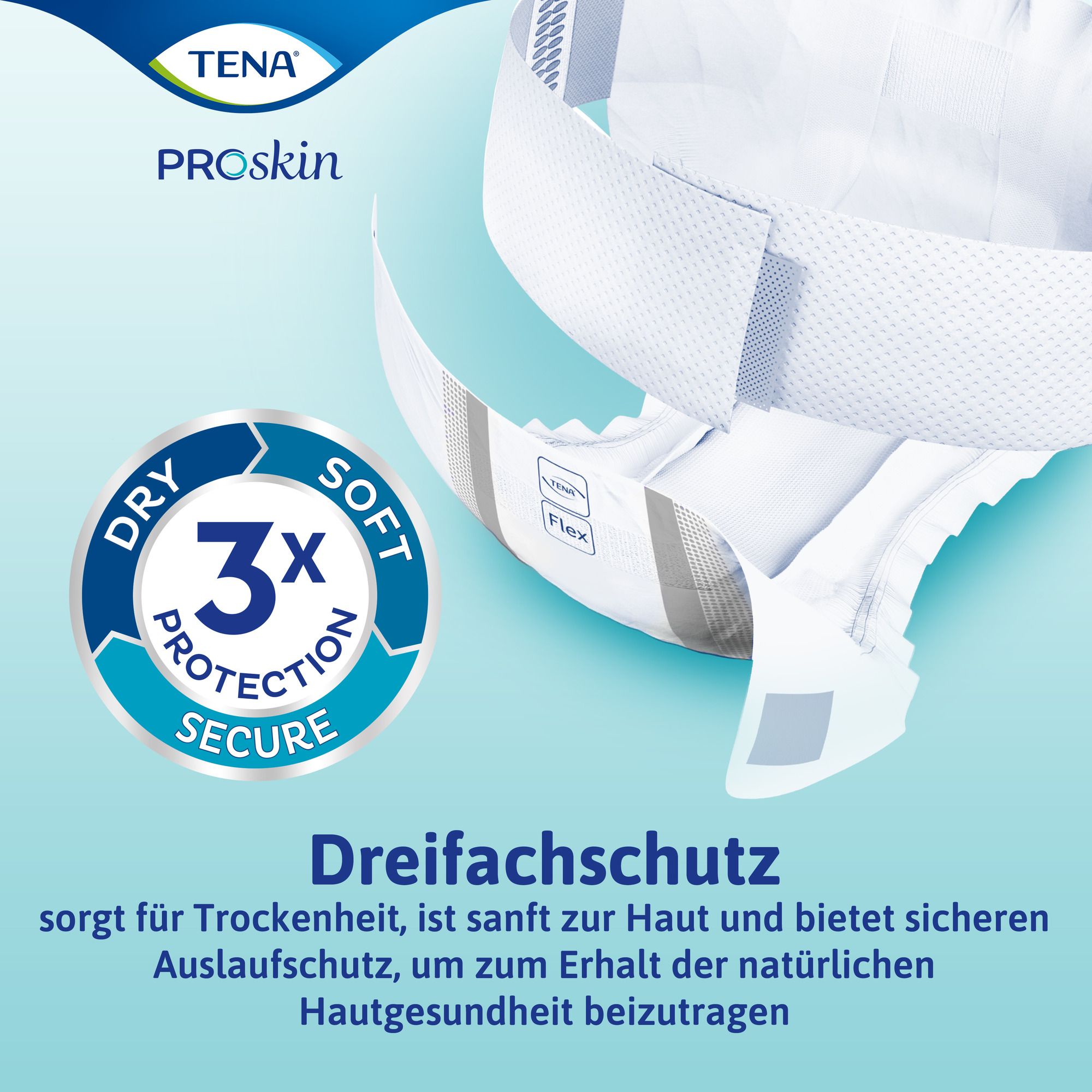 TENA Flex Plus mit Dreifachschutz-Siegel: Dry, Soft, Secure.