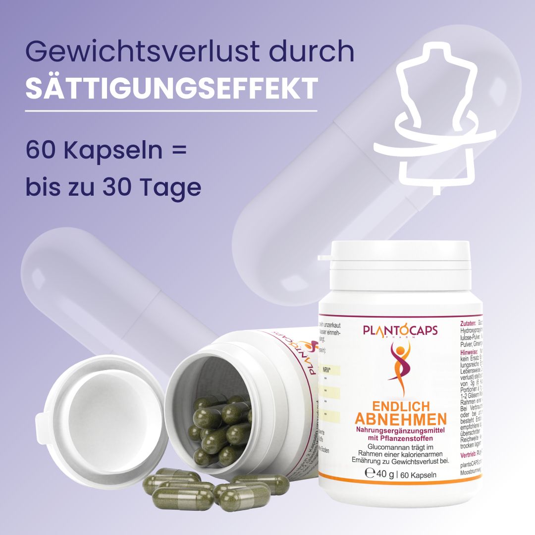 Weiße Flasche mit Kapseln. Aufschrift: plantoCAPS, ENDLICH ABNEHMEN. 60 Kapseln. Abbildung einer Kapsel.