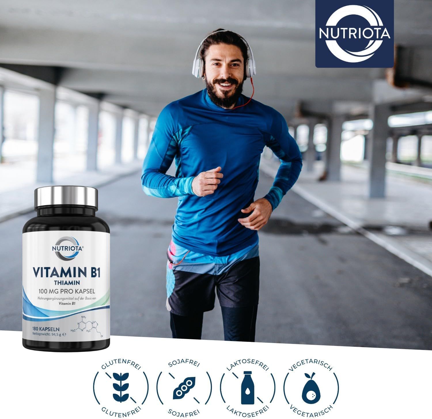 Flasche mit 180 Kapseln Vitamin B1 Thiamin von Nuriota, 100 mg pro Kapsel, mit Icons für glutenfrei, sojafrei, laktosefrei und vegetarisch.