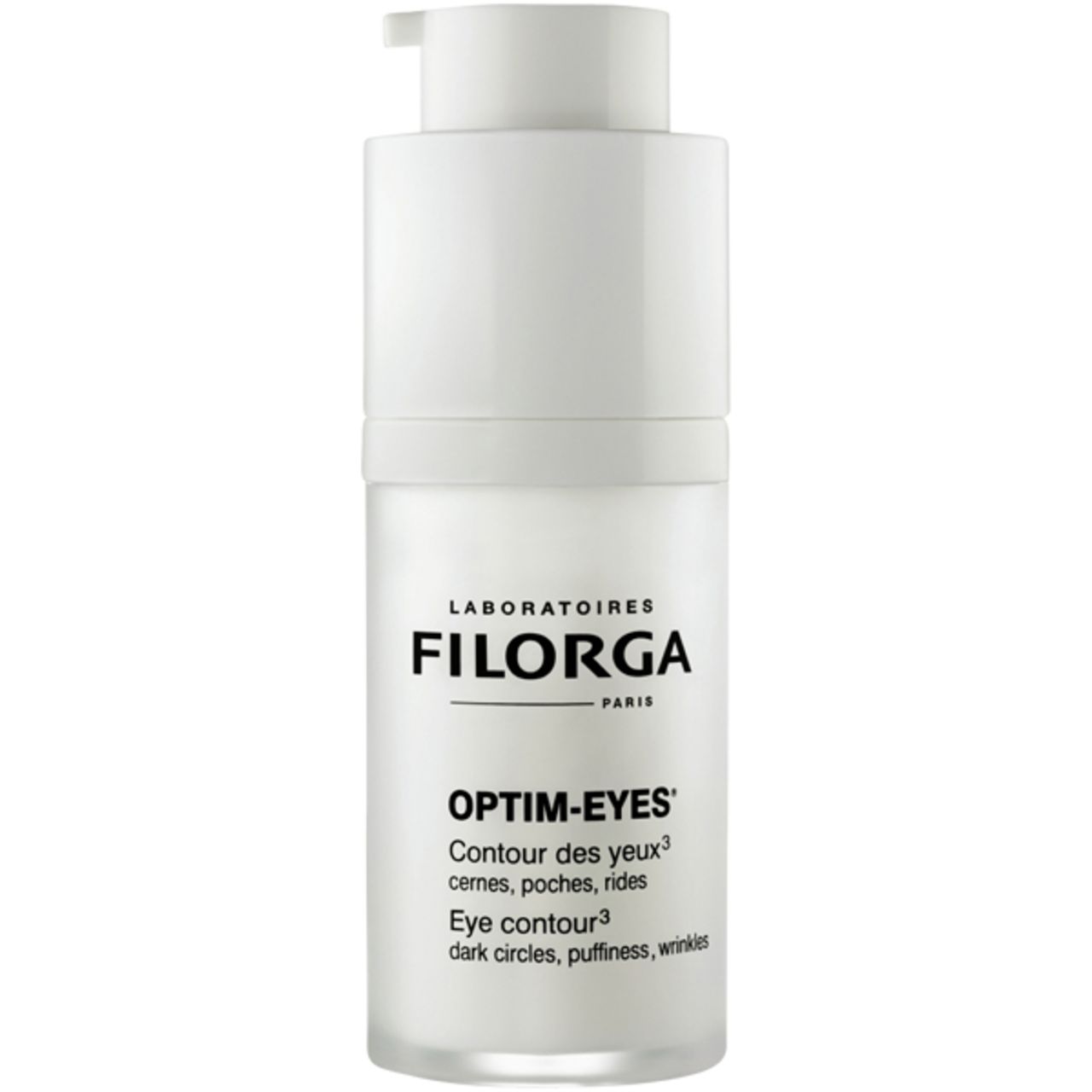 Weißer Filorga Optim-Eyes Augenpflege-Behälter mit Pumpe. Text: Optim-Eyes, Contour des yeux, Augenringe, Tränensäcke, Falten.