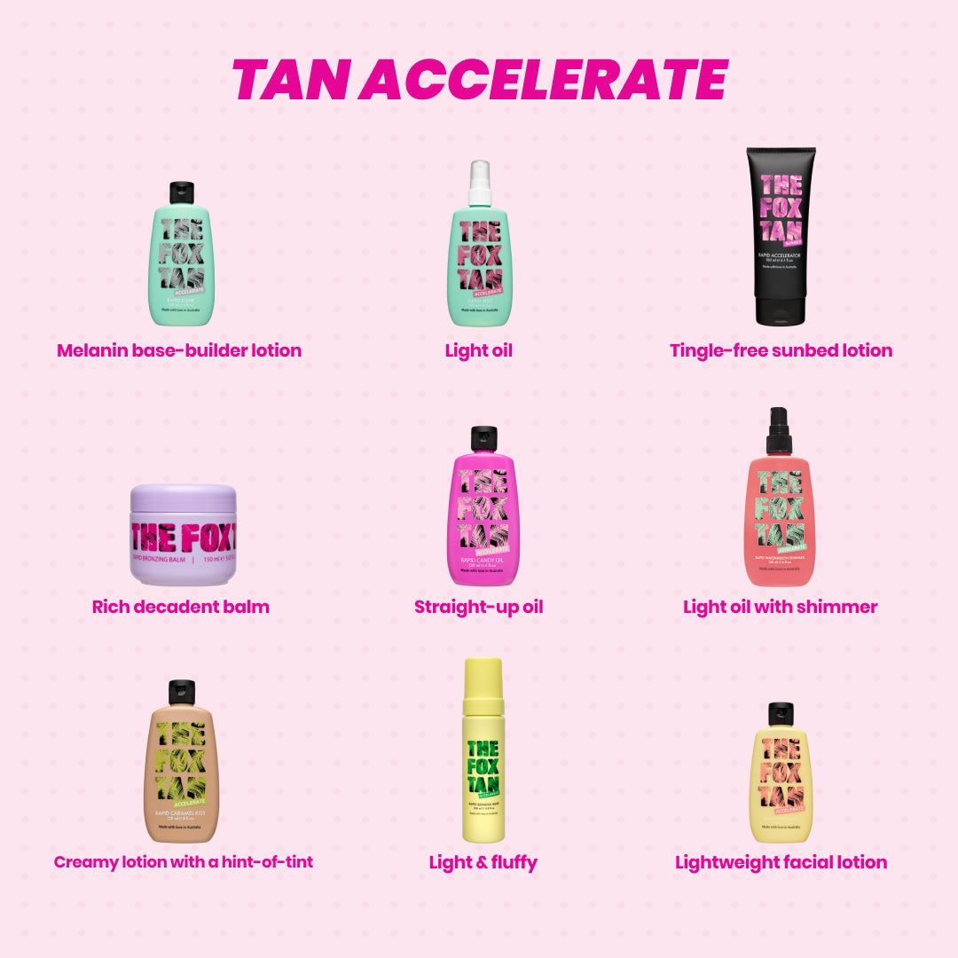 Neun Produkte mit Aufschrift THE FOX TAN. Verschiedene Behälter: Flaschen, Tiegel und Tuben. Produkte in verschiedenen Farben: Türkis, Pink, Gelb und Schwarz.