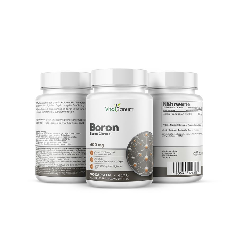 Drei weiße Flaschen mit Etiketten. Auf einer steht "VitaSanum Boron Citrate 400 mg". Eine weitere zeigt Nährwertangaben.