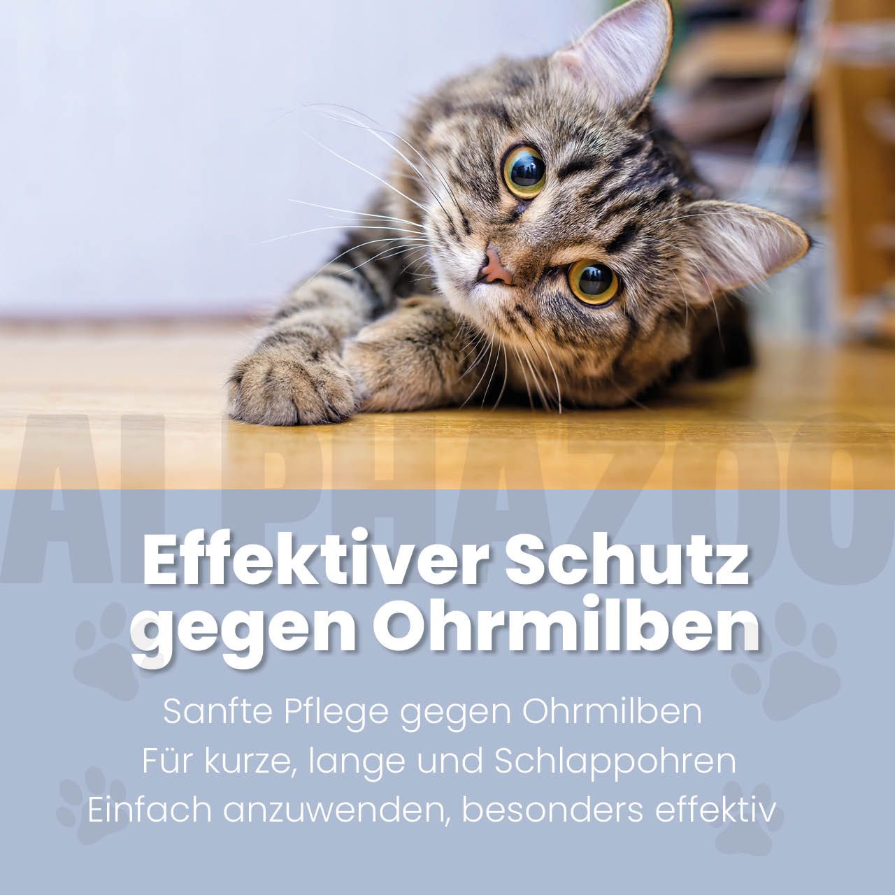 Katze liegt auf dem Boden mit Text 'Effektiver Schutz gegen Ohrmilben'.