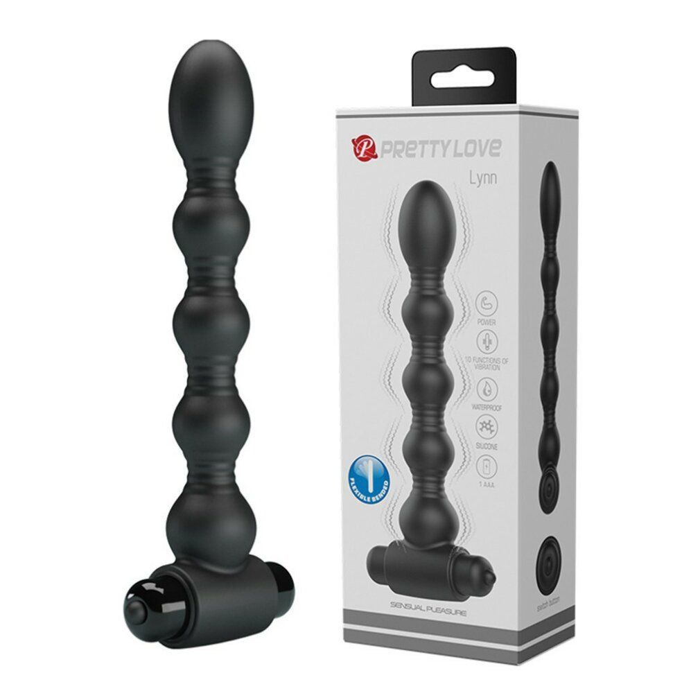 Pretty Love Lynn Analplug und Verpackung. Schwarzer Plug mit kugelförmigen Elementen. Verpackung mit Produktinformationen.