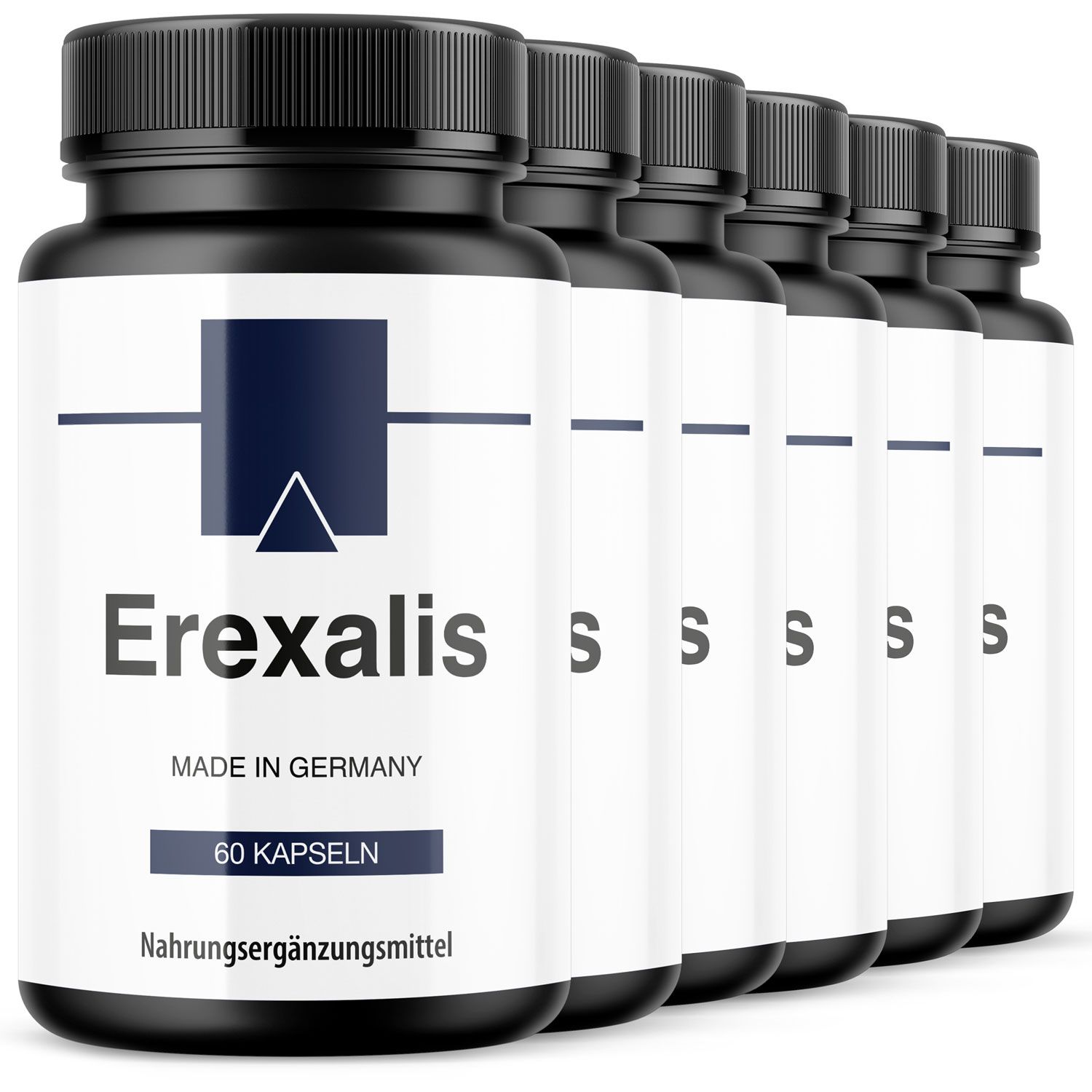 Reihe von schwarzen Flaschen mit weißen Etiketten. Auf den Etiketten steht "Erexalis" und "60 Kapseln".