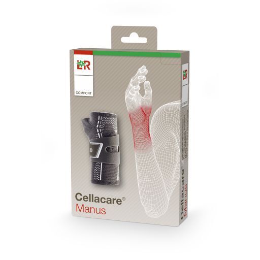 Verpackung der L&R Cellacare Manus Comfort Handgelenkbandage mit Produktabbildung.