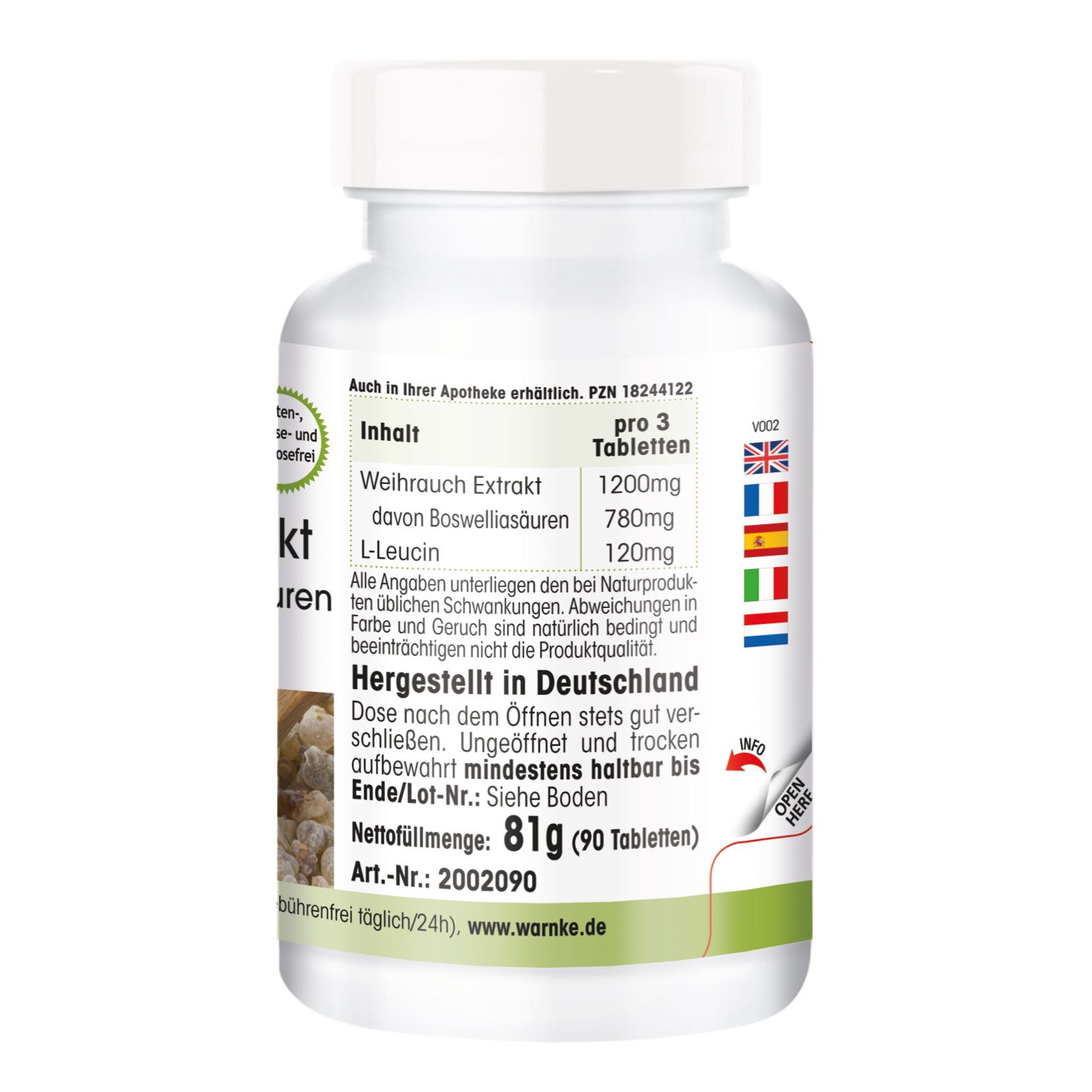 Rückseite der Tablettenflasche. Text mit Inhaltsangaben pro 3 Tabletten. Hergestellt in Deutschland. Warnke Vitalstoffe.