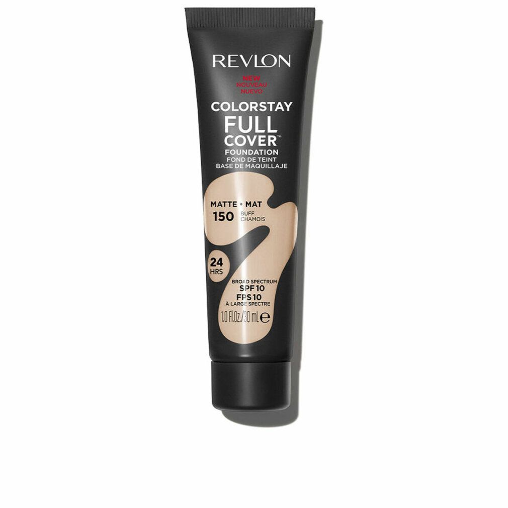 Revlon Colorstay Full Cover Foundation 150-Chamois. Schwarze Tube mit Produktinformationen. Matte Textur, SPF 10.