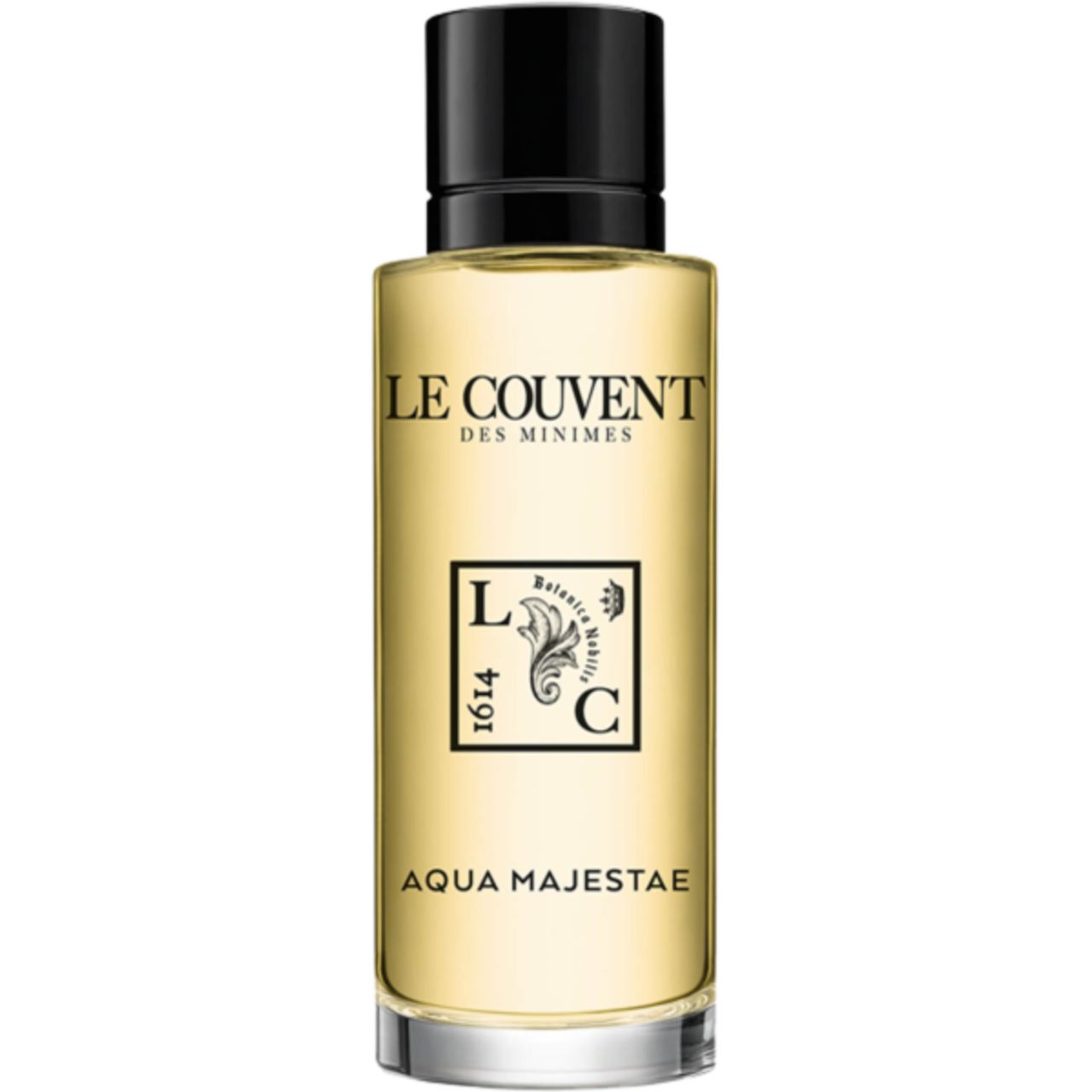 Flakon mit schwarzem Deckel. Aufschrift: Le Couvent des Minimes, Aqua Majestae. Logo mit floralen Elementen und Text.