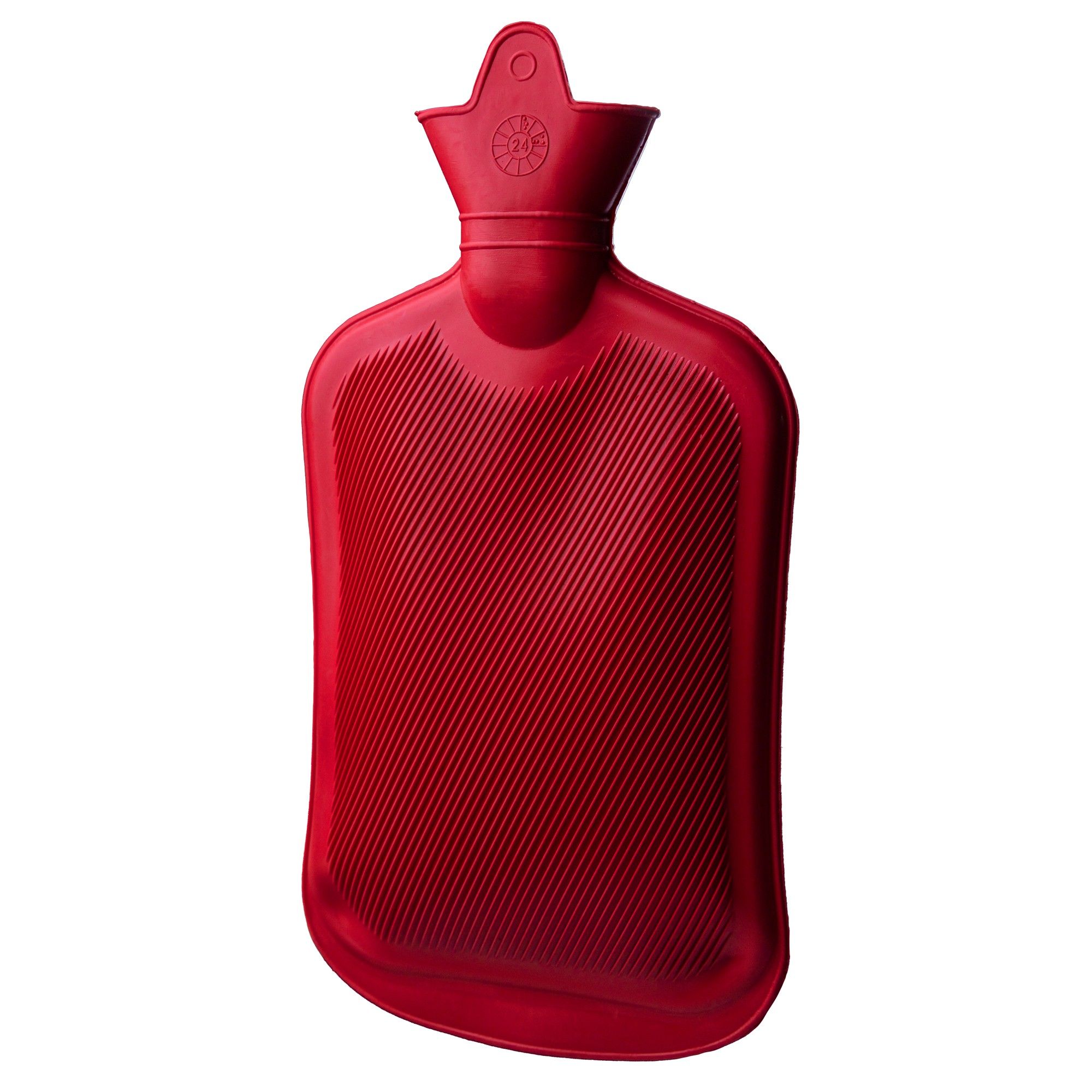 Rote Gummie-Wärmflasche mit gerippter Oberfläche und Schraubverschluss.
