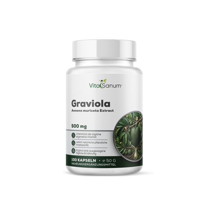 Weiße Flasche VitaSanum Graviola Extrakt Kapseln. Vorderseite mit Fruchtbild und 500 mg Angabe.