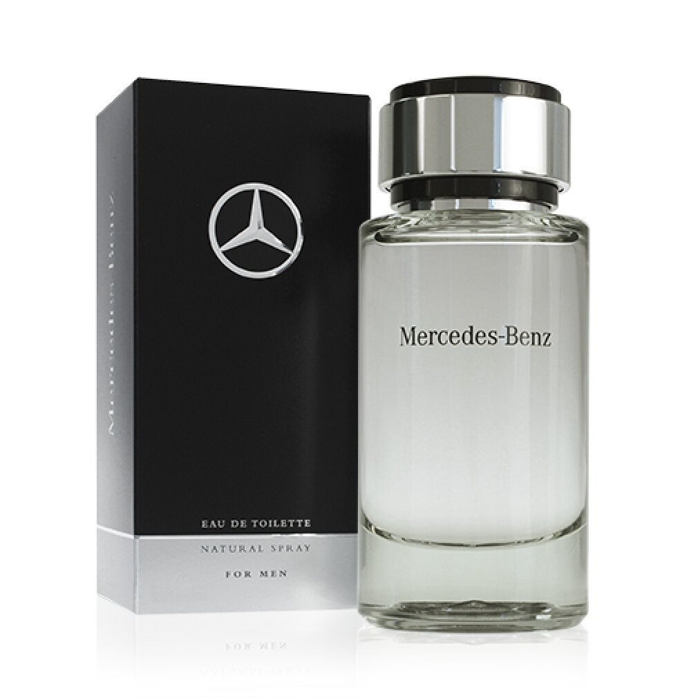 Parfümflasche und Schachtel. Flasche mit silbernem Deckel, Schriftzug Mercedes-Benz. Schachtel schwarz mit Logo und Text: Eau de Toilette, Natural Spray, For Men.