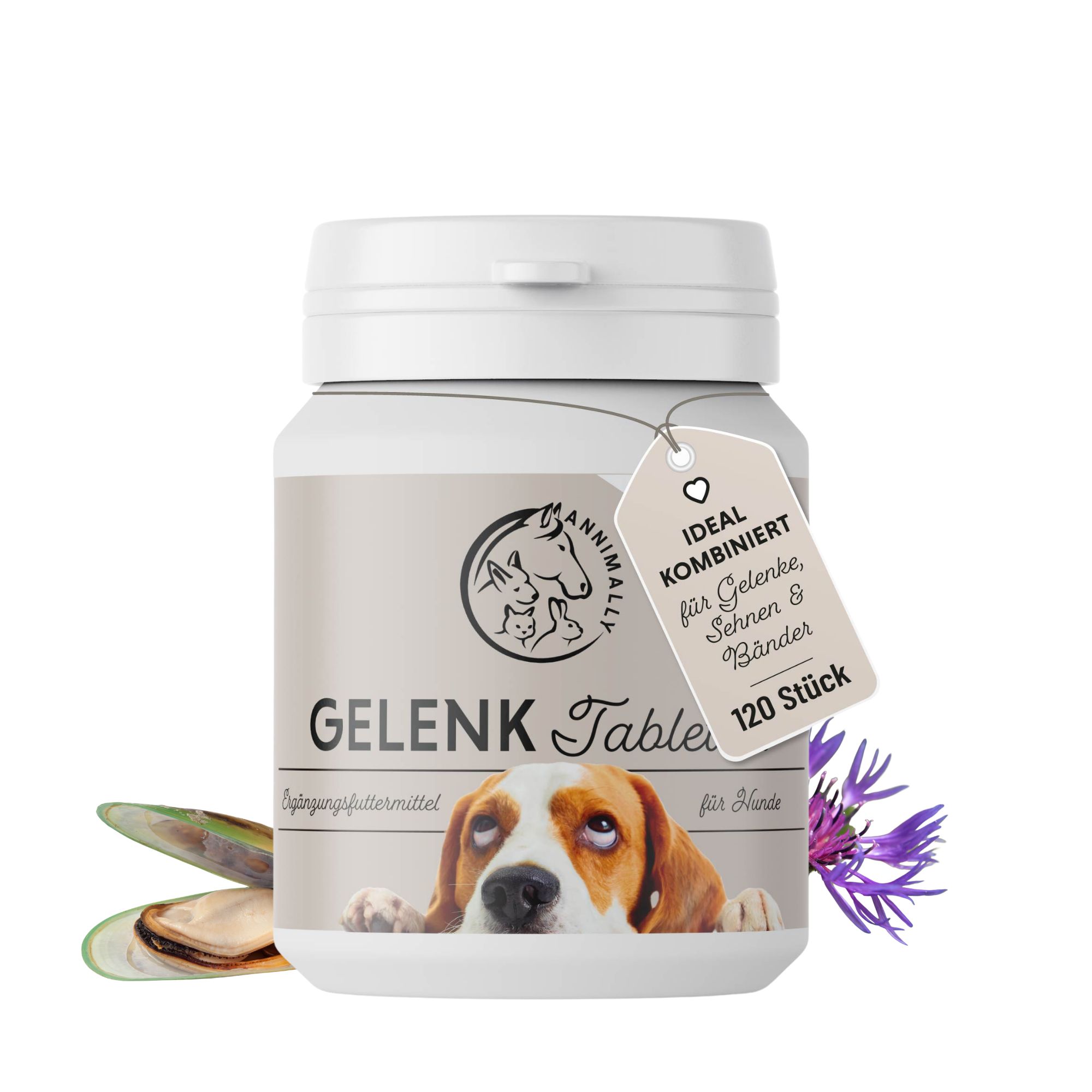 Flasche mit 'Gelenk Tabletten für Hunde', Muschel und Blume.