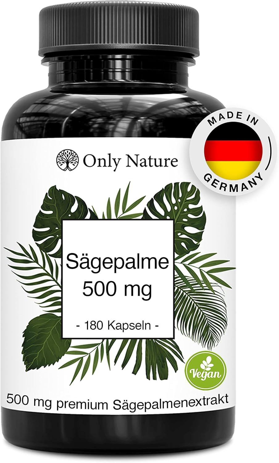 Schwarze Flasche mit Kapseln. Etikett mit Produktname, 500 mg, 180 Kapseln. Vegan-Siegel. Made in Germany-Logo.