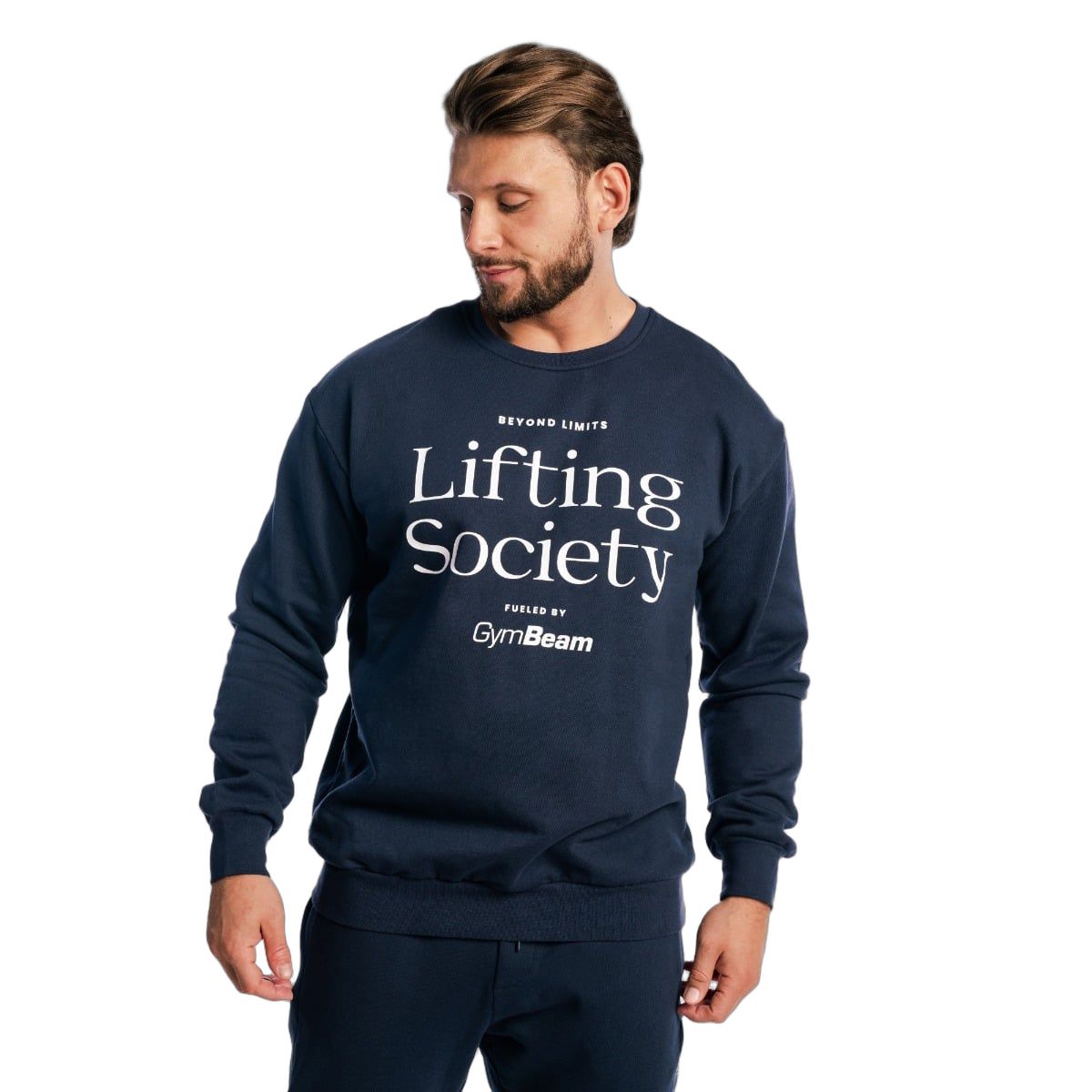 Herren Pullover in Dunkelblau mit "Lifting Society" Aufdruck, von vorne.