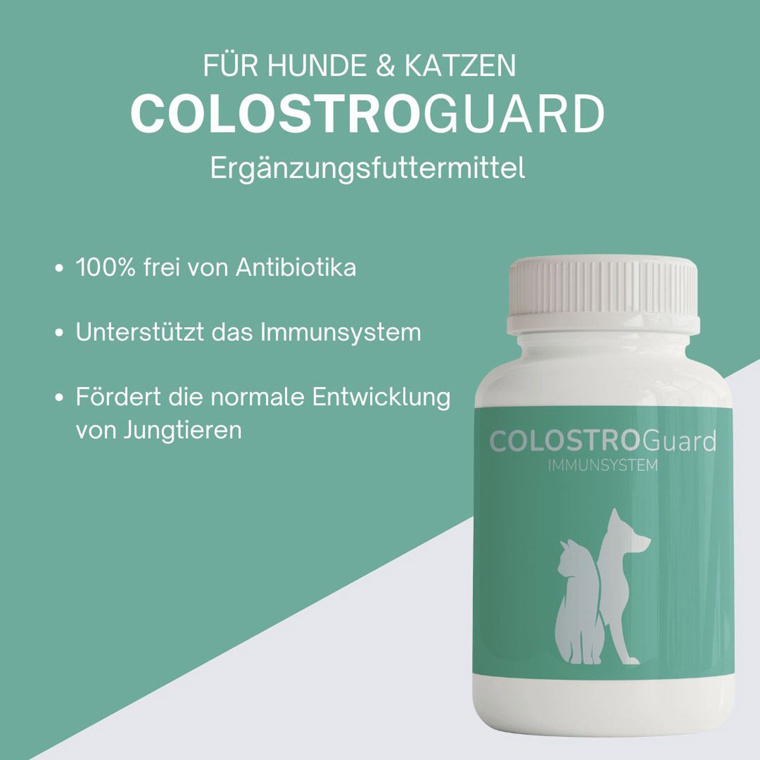 Weiße Flasche mit grünem Etikett: COLOSTROGuard IMMUNSYSTEM. Daneben Aufzählungspunkte zu Produkteigenschaften für Hunde & Katzen.
